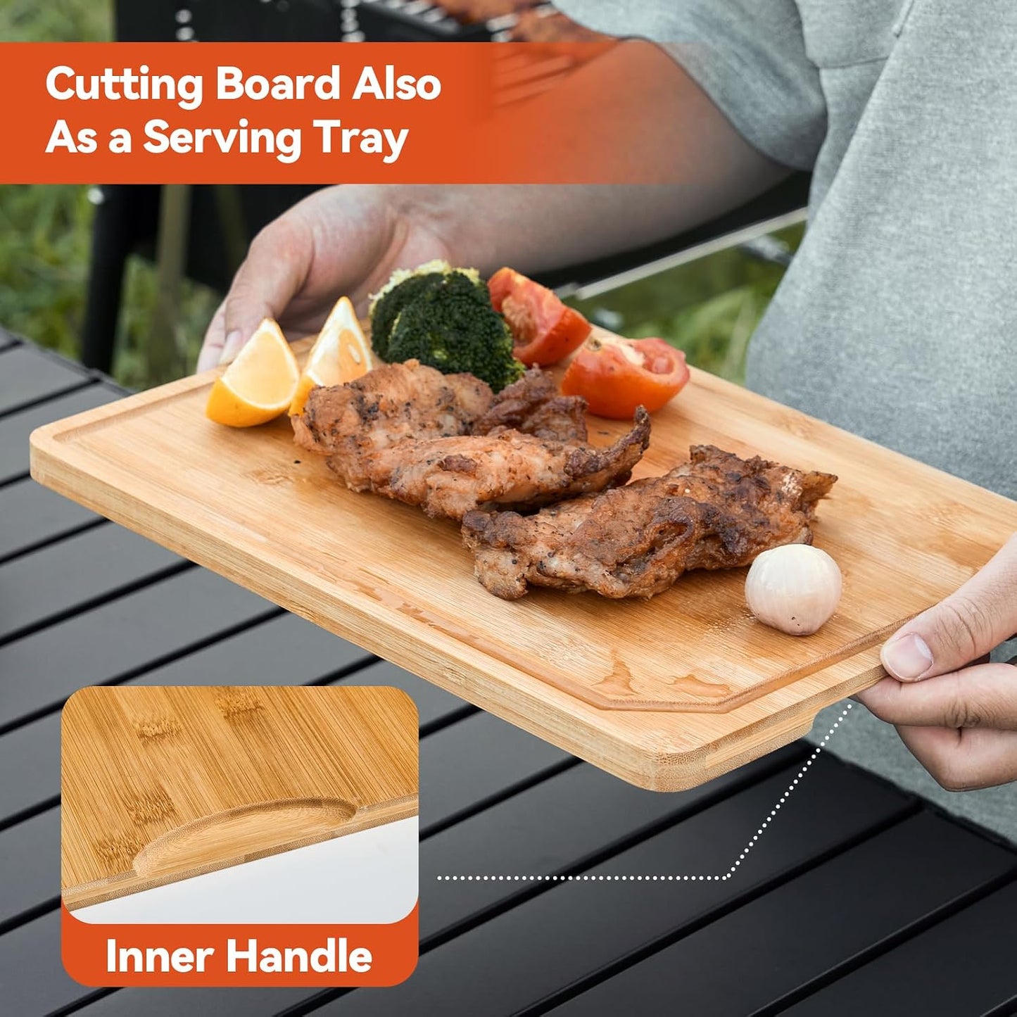 5-in-1 Grill Prep Tray and Carry System, Outdoor Grilling Prep & Serve BBQ Food Tray Accessories, Stainless Steel Meat Marinating Container with Lid & Cutting Board, Metal Cooked Meat Platter