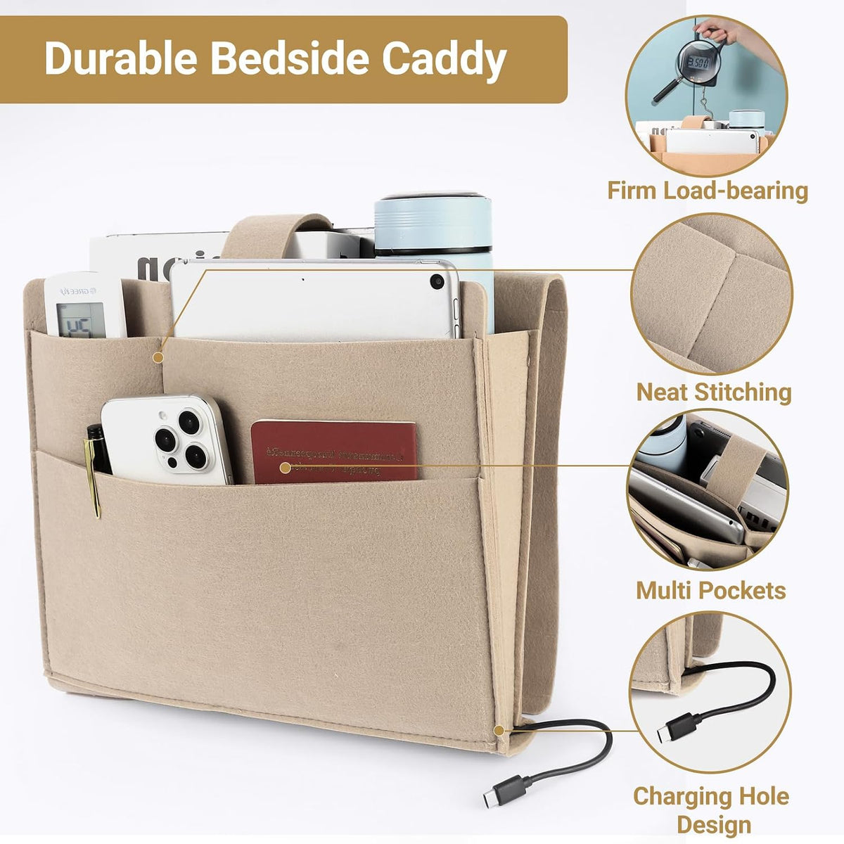 Seefoo Bedside Caddy, Large Bed Caddy Organizer with Cord Slit, Beige