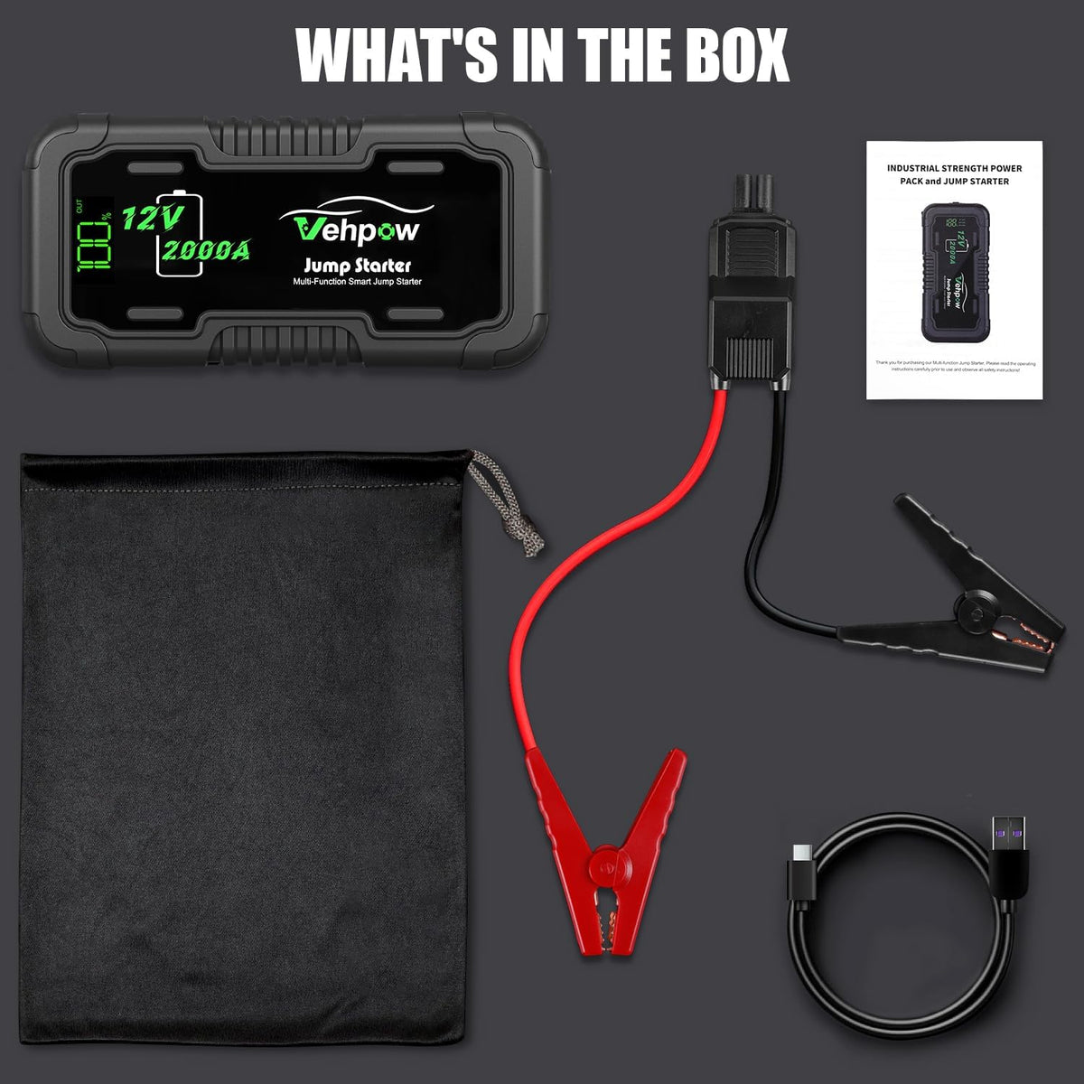 Car Battery Jump Starter 2000A 12V for 8.0L Gas and 6.0L Diesel Engines