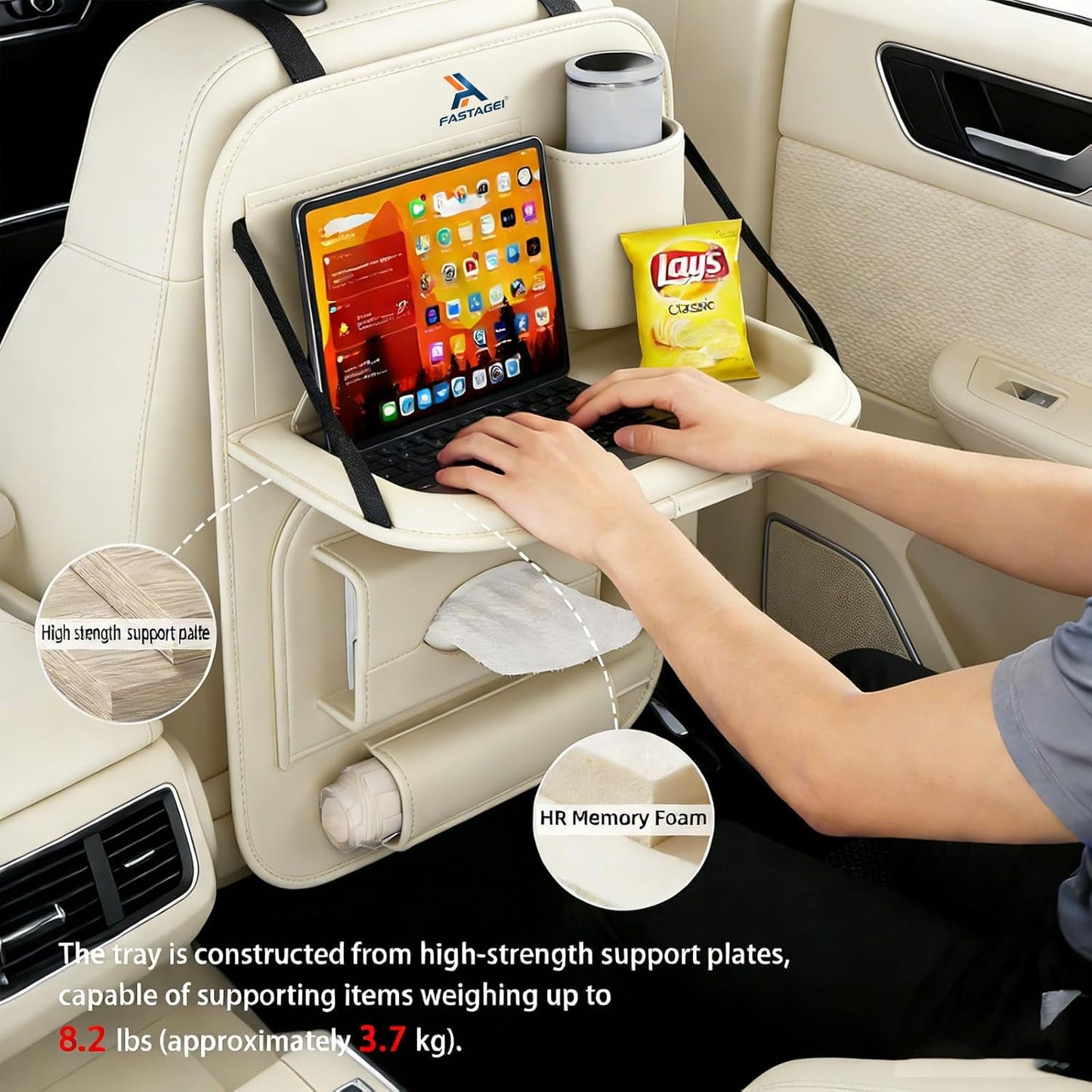 Universal Premium Leather Foldable Car Backseat Organizer with Table Tray, Car Seat Back Protector with Garbage Bag Touch Screen Pad Holder, Car Kick Mats Protector with Tissue Holder (Beige)