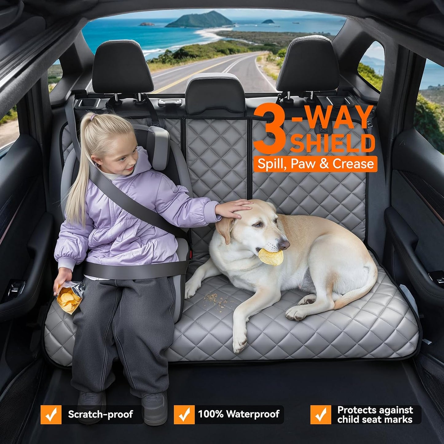 Dog Car Seat Cover for Back Seat, Waterproof Back Seat Covers for Dogs, PU Leather Nonslip Rear Car Seat Cover Universal Fit for Most Vehicles,SUVs(Grey, Standard)