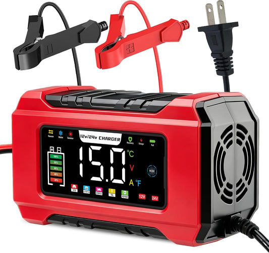 15-Amp Car Battery Charger, 12V/24V Smart Trickle Charger