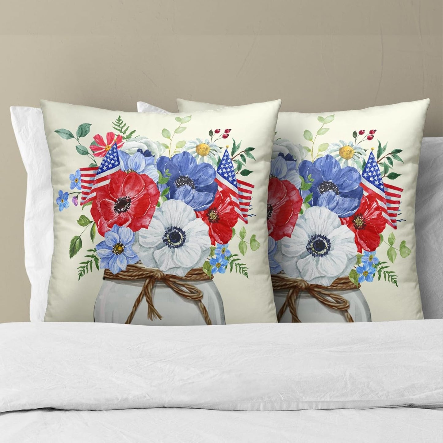 4th of July Pillow Covers 18X18 in Set of 2 American Flag Flowers Floral Patriotic Decorative Cotton Line Pillowcases for Sofa Couch Independence Day Memorial Day Home Decor