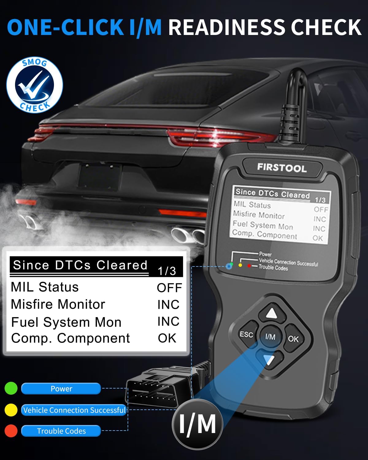 Car OBD2 Scanner, FIRSTOOL OBD2 Scanner Diagnostic Code Reader Tool with I/M Readiness, Battery Tester, Check Engine Light with Reset, OBDII/EOBD Car Diagnostic Scanner for All Vehicles After 1996