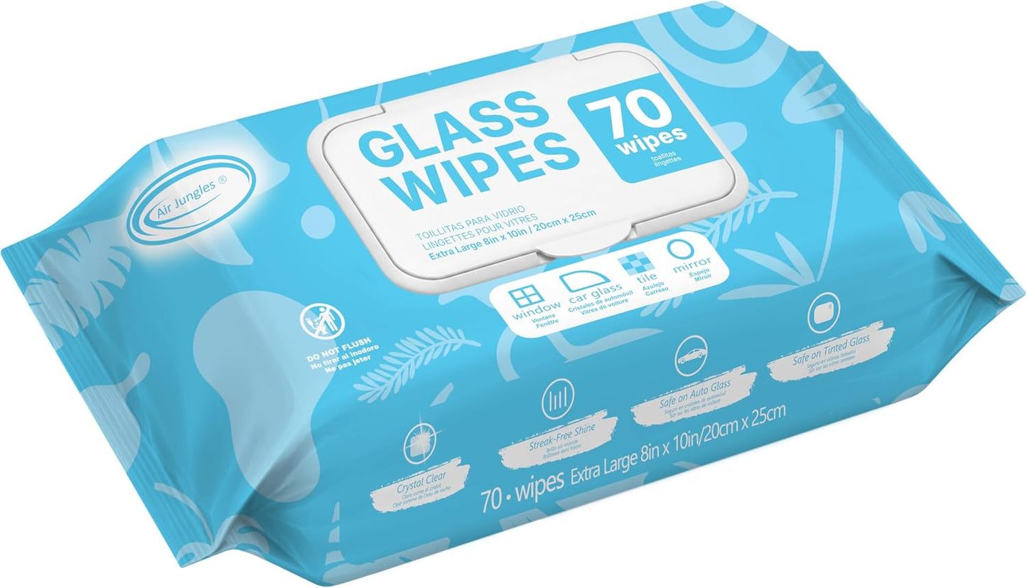 Air Jungles Glass &amp; Window Cleaner Wipes 70 Count, XL 8x10 Inch | Ammonia-Free, Streak-Free, Safe For Car Windshield, Headlight, Mirror, Tile &amp; Home Glass, Removes Fingerprints, Dust, Dirt