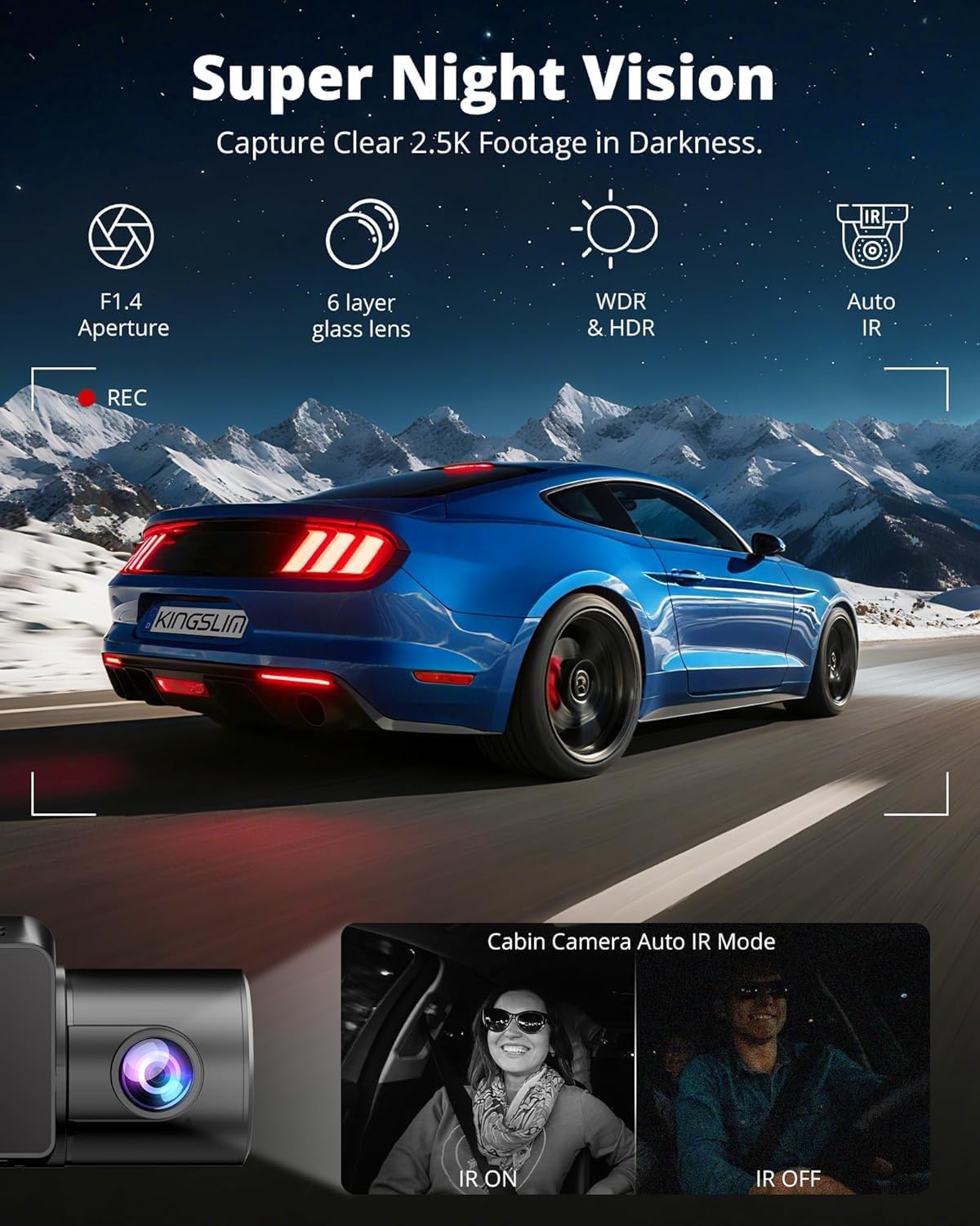 Kingslim 3 Channel 5G WiFi Dash Cam with 64GB Card, 2.5K/1080P Front and Rear Inside Dashcam, 2.5K/1080P/1080P Three Way Dash Camera for Cars Auto IR Night Vision, Loop Recording, APP Control(O3PRO)