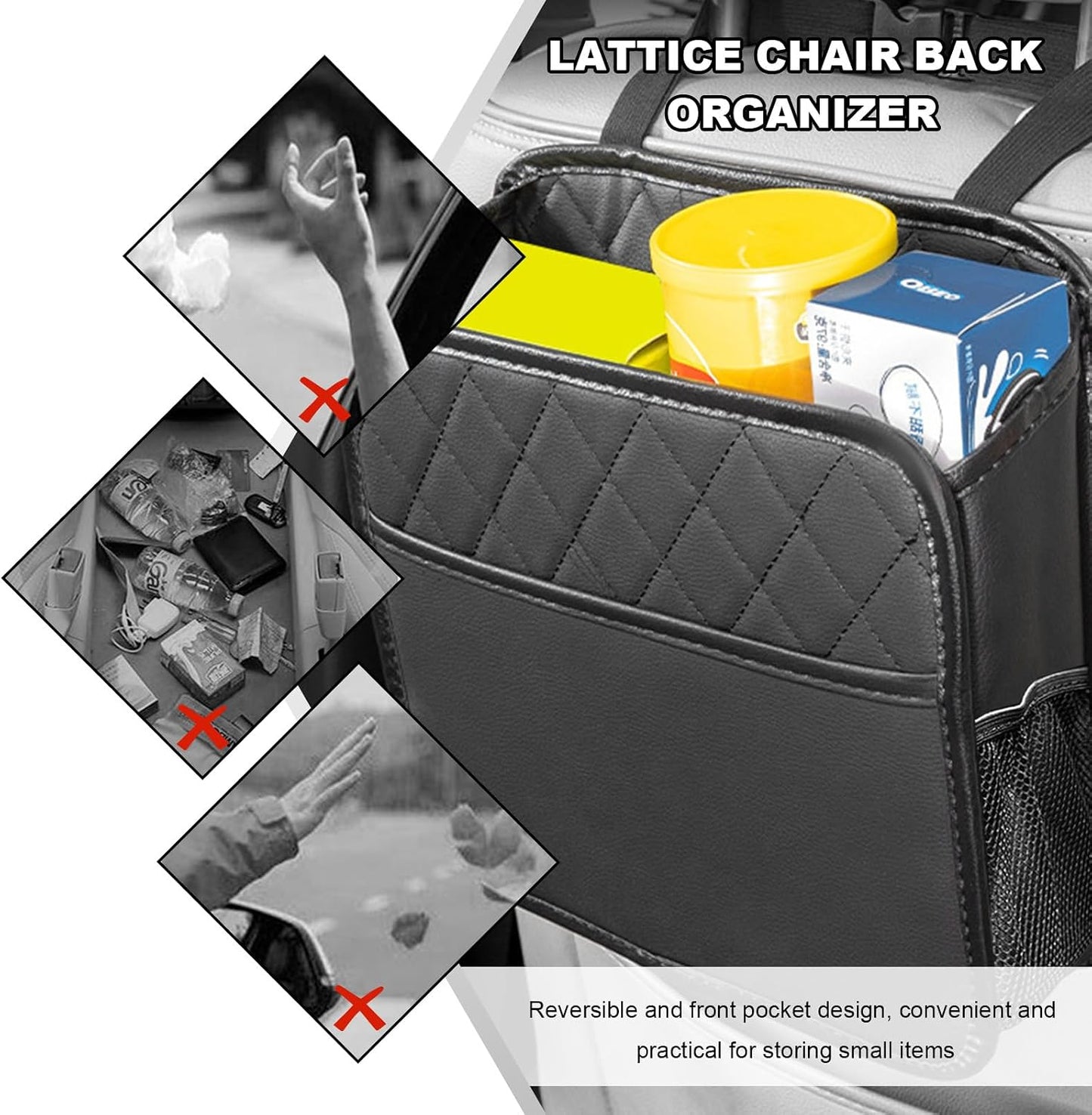 2 PCS Car Back Seat Organizer, Foldable Leather Backseat Hanging Storage Bag with Adjustable Strap, Multifunction Seat Back Organizer Large Capacity Storage Bag with Mesh Pocket