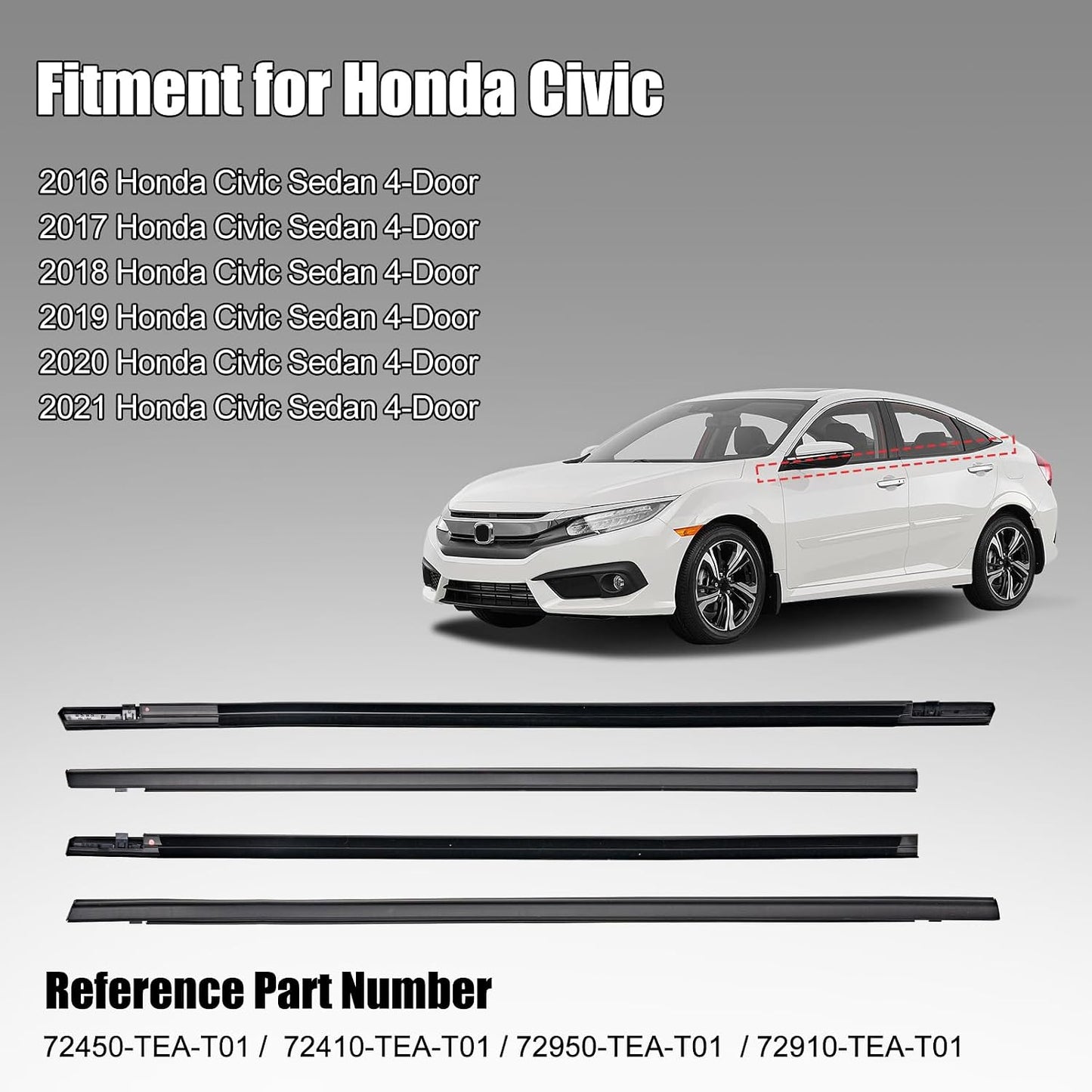 Window Molding Trim Seal for Honda Civic 2016-2021 Accessories, Outer Door Black Rubber Weather Stripping Belt, Replacement 72450-TEA-T01 (4PCS)