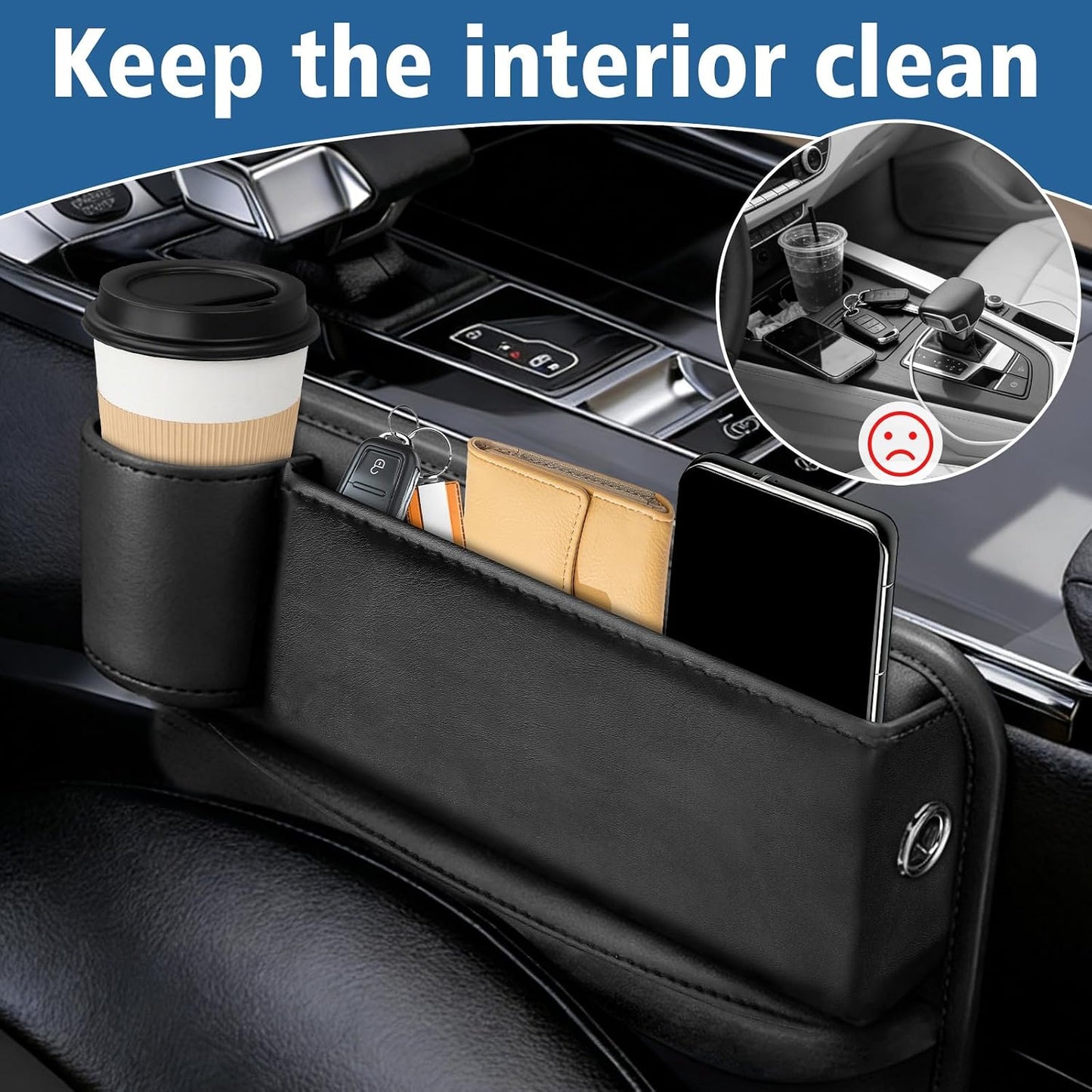 2PCS Black Leather Seat Gap Filler Organizer, Front Seat Gap Storage Box with Cup Holder and Charging Hole, Car Organizer for Phone, Keys, Sunglasses and Drink, Universal Fit Left and Right Side