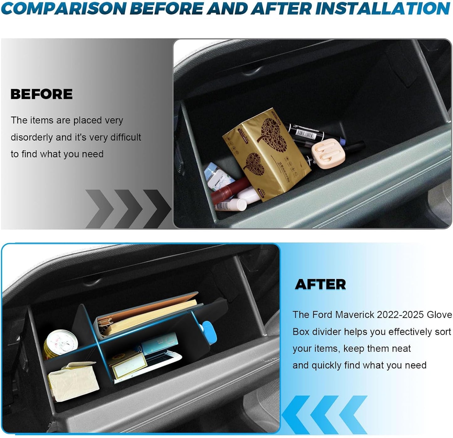 Upgrade Car Storage Organizer Fit for Ford Maverick 2026 2022-2025 Glove Box Organizers Insert Compartment Tray ABS Black Materials Dividers