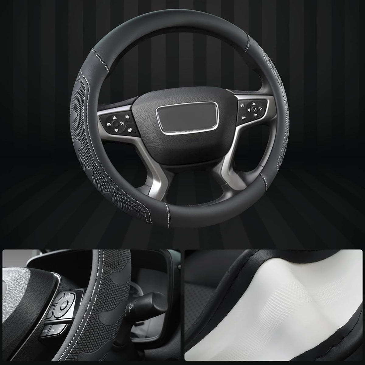 GIANT PANDA Steering Wheel Cover for GMC Sierra Acadia Terrain Yukon(Black+Gray Line-Standard Size)