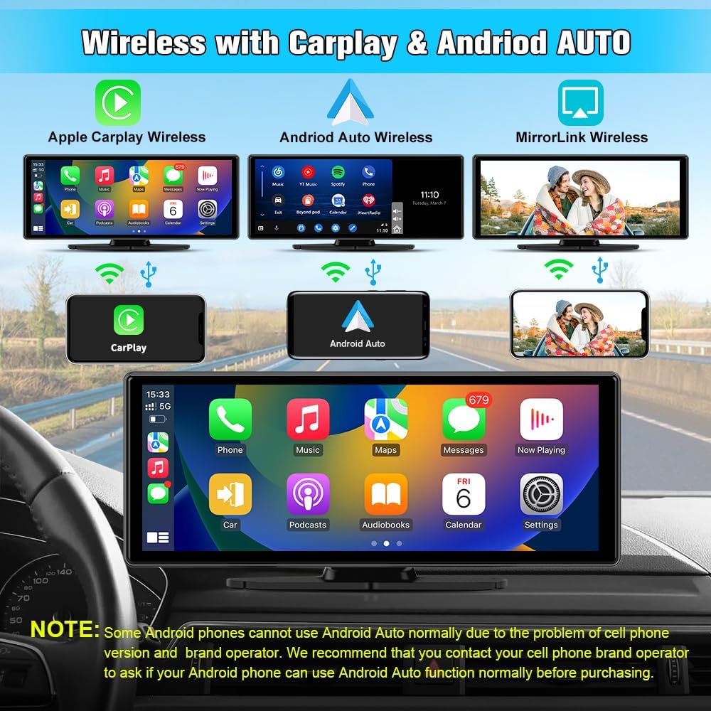 10.26" Carplay Screen for Car Portable, Carplay & Android Auto Car Stereo, Touchscreen GPS Navigation 4K Dash Cam/1080P Backup Camera/Mirror Link/Bluetooth/Voice Control