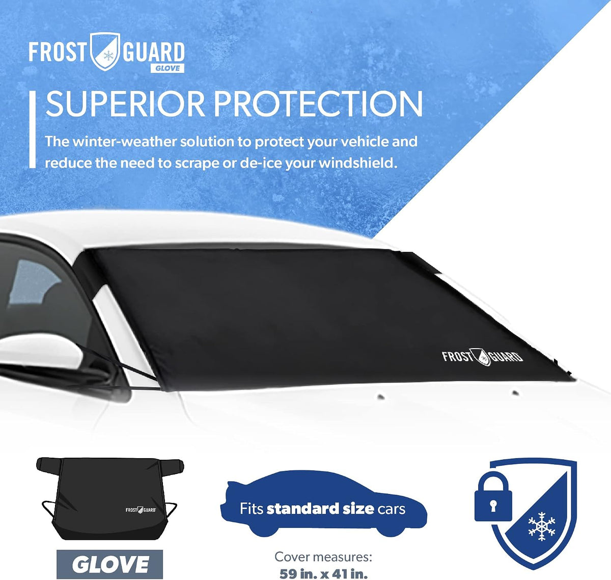 Frostguard Glove | Car Windshield Cover for Ice and Snow - Standard Size, Fits Sedans and Compact Cars - Features Elastic Loops, Security Panels + Storage Pouch - Black, Measures 59 x 41 Inches