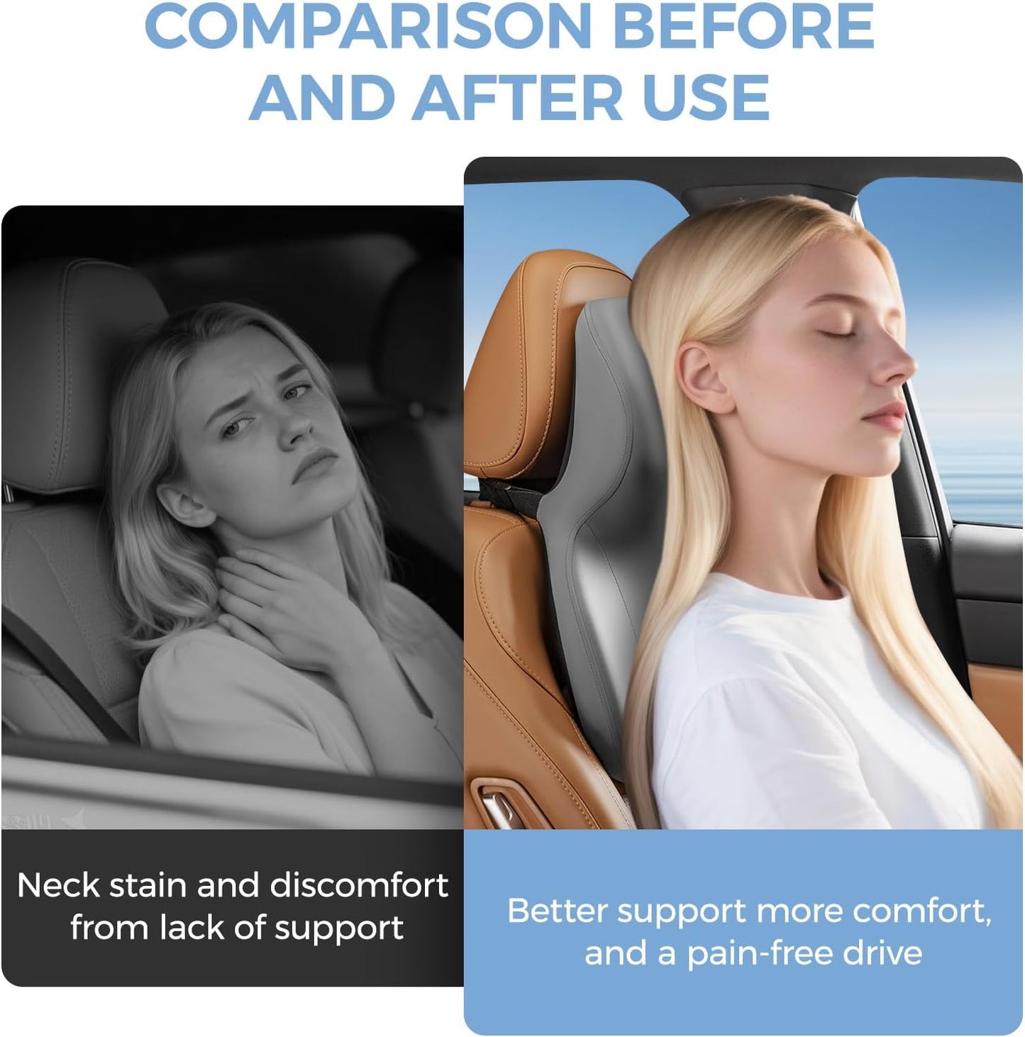 BEBAS Car Headrest Pillow, Ergonomic Neck Pillow with Memory Foam, Enlarged Surface for Head Neck Shoulder Support, Breathable Removeable Car Seat Pillow for Pain Relief(Gray, 1 Pack)