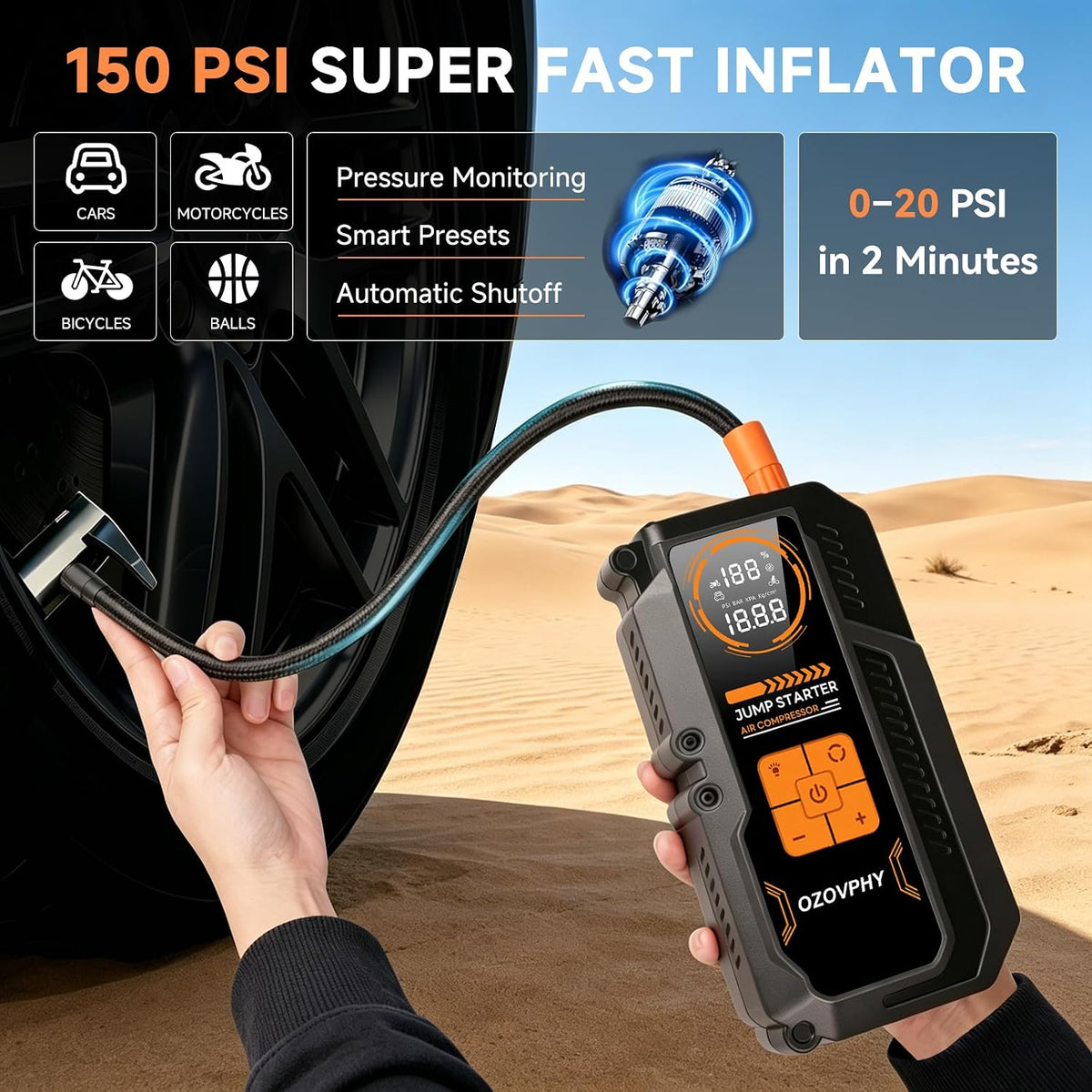 8000A Jump Starter with Air Compressor, 150 PSI Tire Inflator