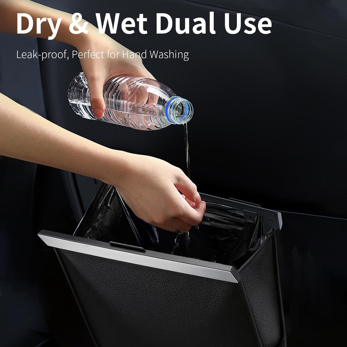 Leather Car Trash Can with Smart LED Light & Magnetic Closure