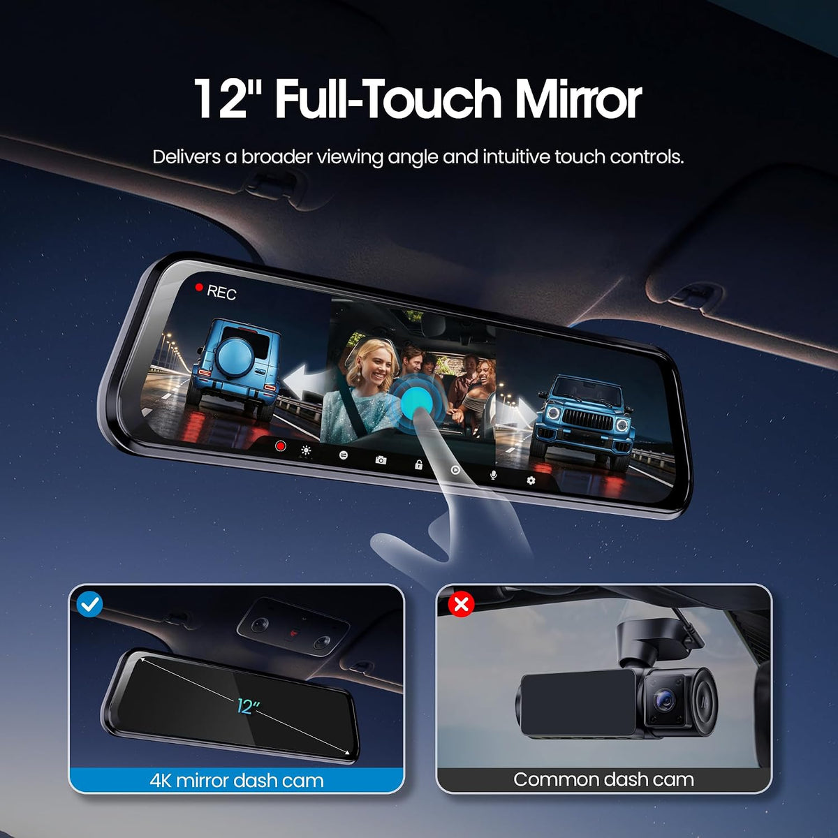 3 Channel 12" Mirror Dash Cam, 4K Front 2.5K Rear and Inside View Camera