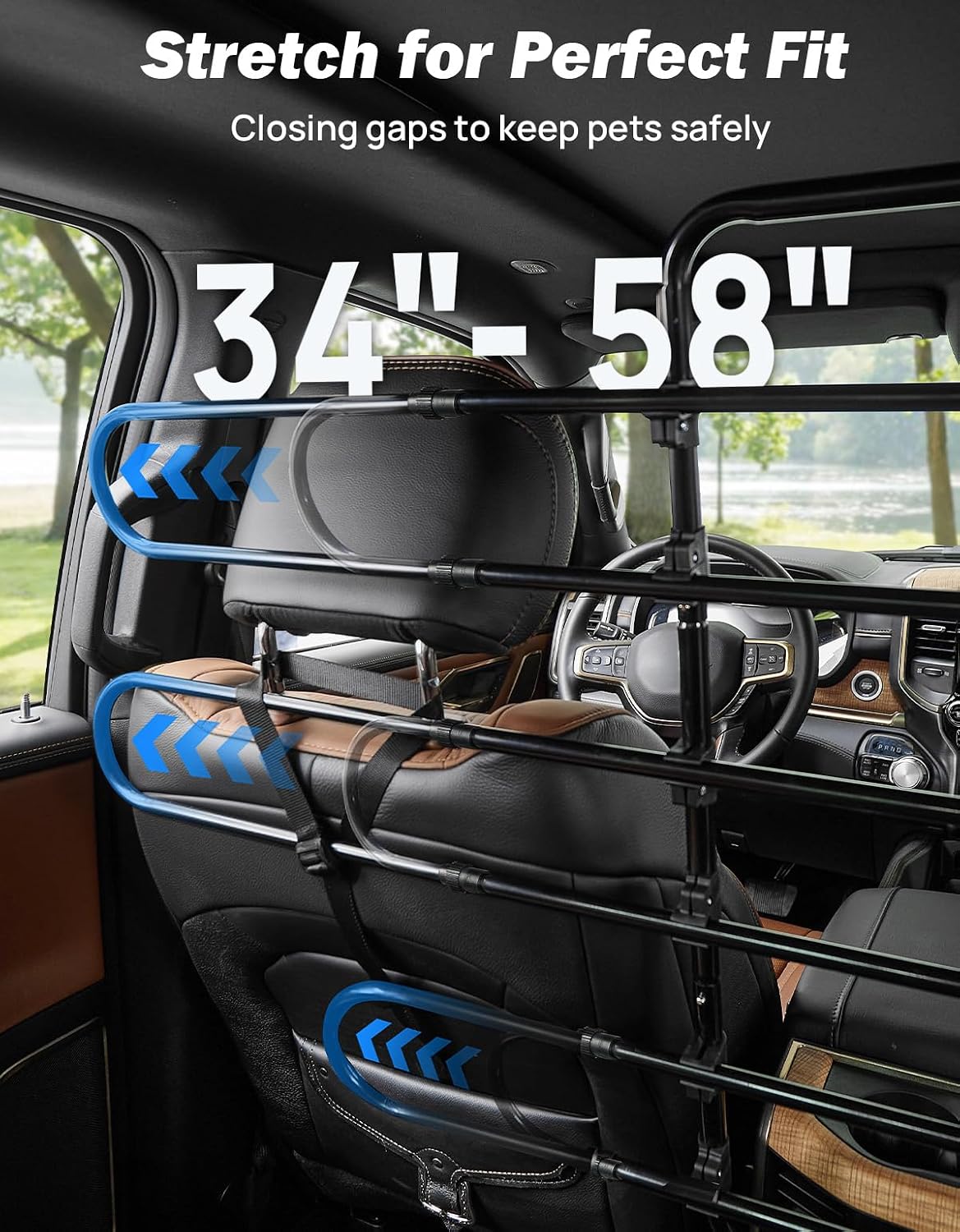 JOYTUTUS Dog Car Barrier, Pet Barrier Follow the Seat Movement 34"- 58" Width Adjustable SUV Dog Barrier for Back Seat, Vehicle Gate Heavy Duty, Ideal for Sedans SUVs Trucks MPVs