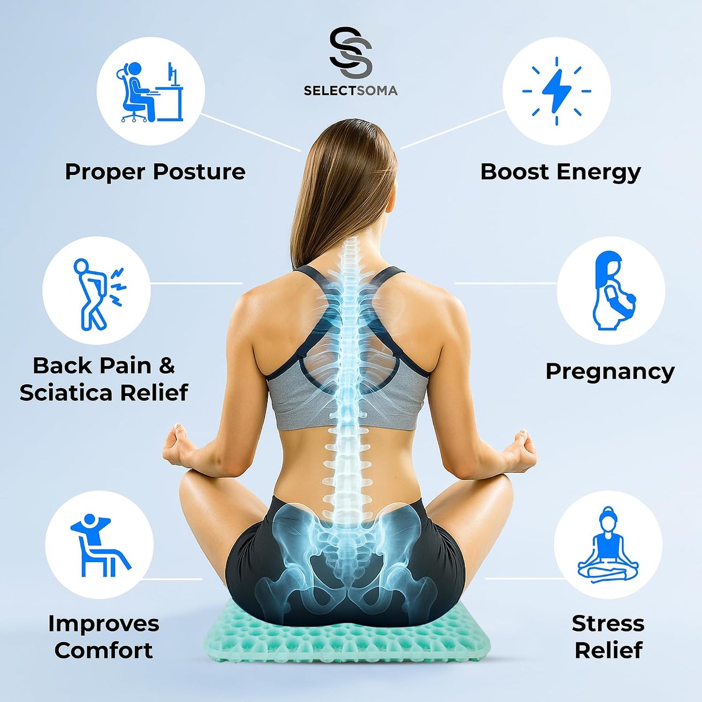 SelectSoma Mint Green Gel Seat Cushion for Long Sitting, Patent-Pending Mold Design, Double-Thick Pressure Relief for Tailbone, Sciatica, Coccyx & Back Pain - Office Chair, Car, Wheelchair, Truck