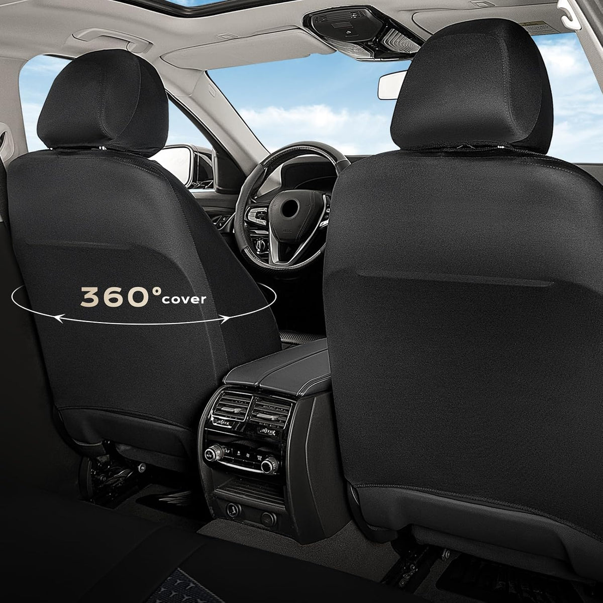 Coverado Front Seat Covers, Breathable Mesh & Leather Car Seat Protectors, Black Driver Seat Cover, Car Seat Cushions, Universal Automotive Seat Covers Fit for Most Sedans SUV Truck, Black