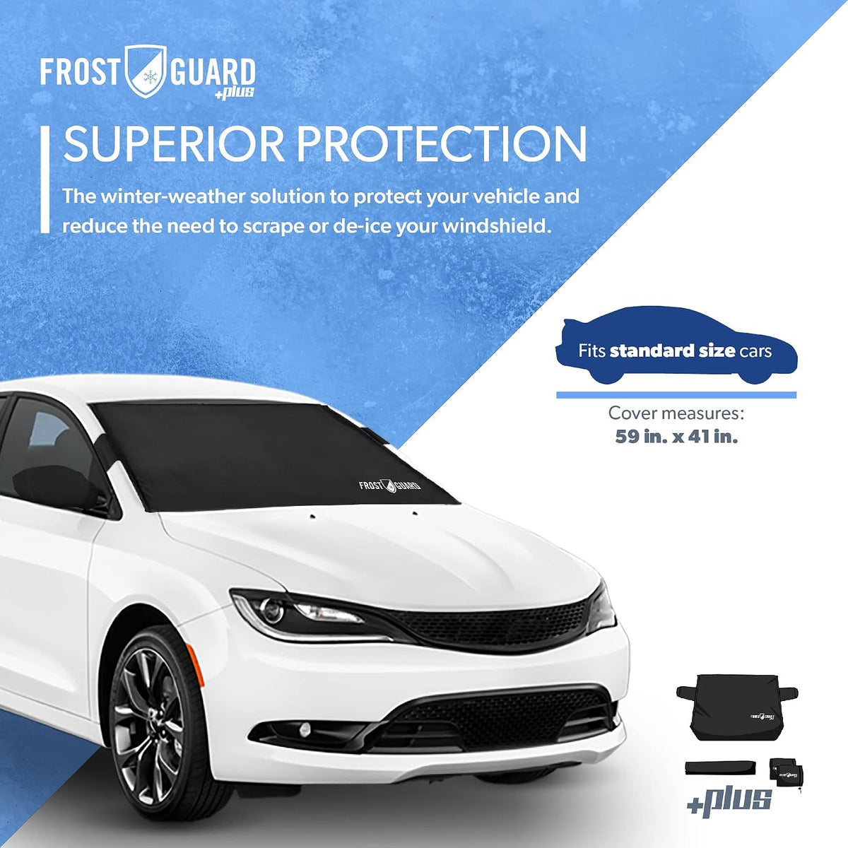 FrostGuard Plus | Winter Windshield Cover for Ice and Snow, Standard Size (Black) - Built-in Security Panels, Wiper Blade Coverage + Mirror Covers - Fits Standard Size Cars, 59 x 41 Inches