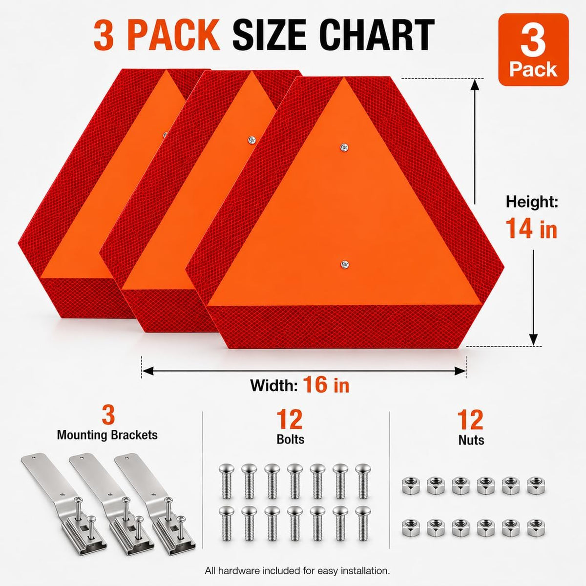 3 Set -Slow Moving Vehicle Sign with Mounting Bracket, 14 x 16 Inch Aluminum Reflective Triangle, Orange SMV Warning Sign for Golf Cart, Tractor, UTV, ATV, Roadside Safety