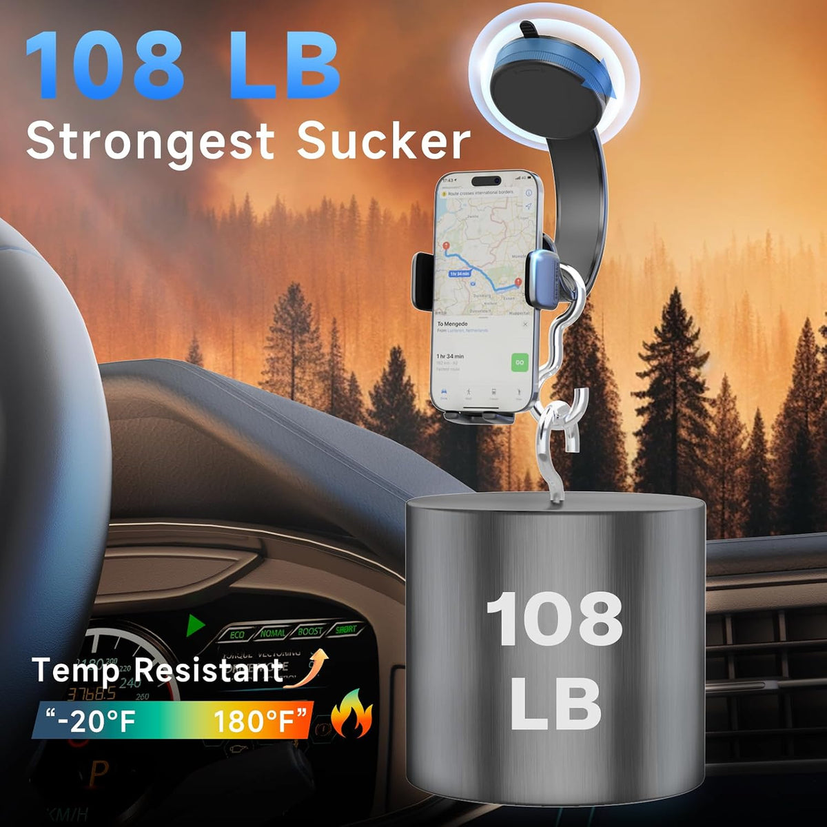Car Phone Holder, 360°Rotation Vacuum Suction Cup Phone Mount - 108LBS Nano Gel for Car, Bendable Arm & One-Hand Release, Truck Phone Holder for iPhone 17 Pro Max Samsung Android