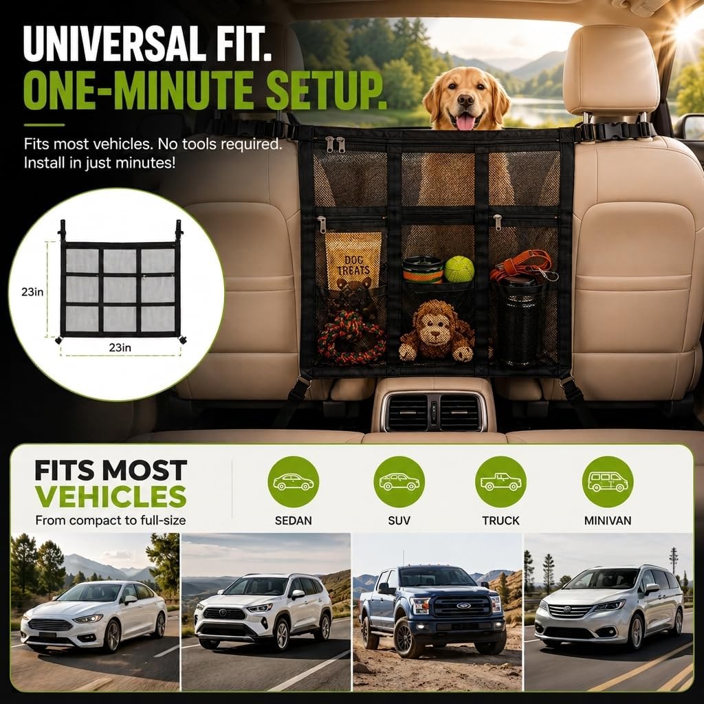 Dog Car Barrier 2026 Upgrade, Double Layer Mesh Dog Net for Car Divider with Storage Organizer, Universal Fit for SUVs, Sedans & Trucks, Easy to Install & Breathable Vehicle Travel Fence