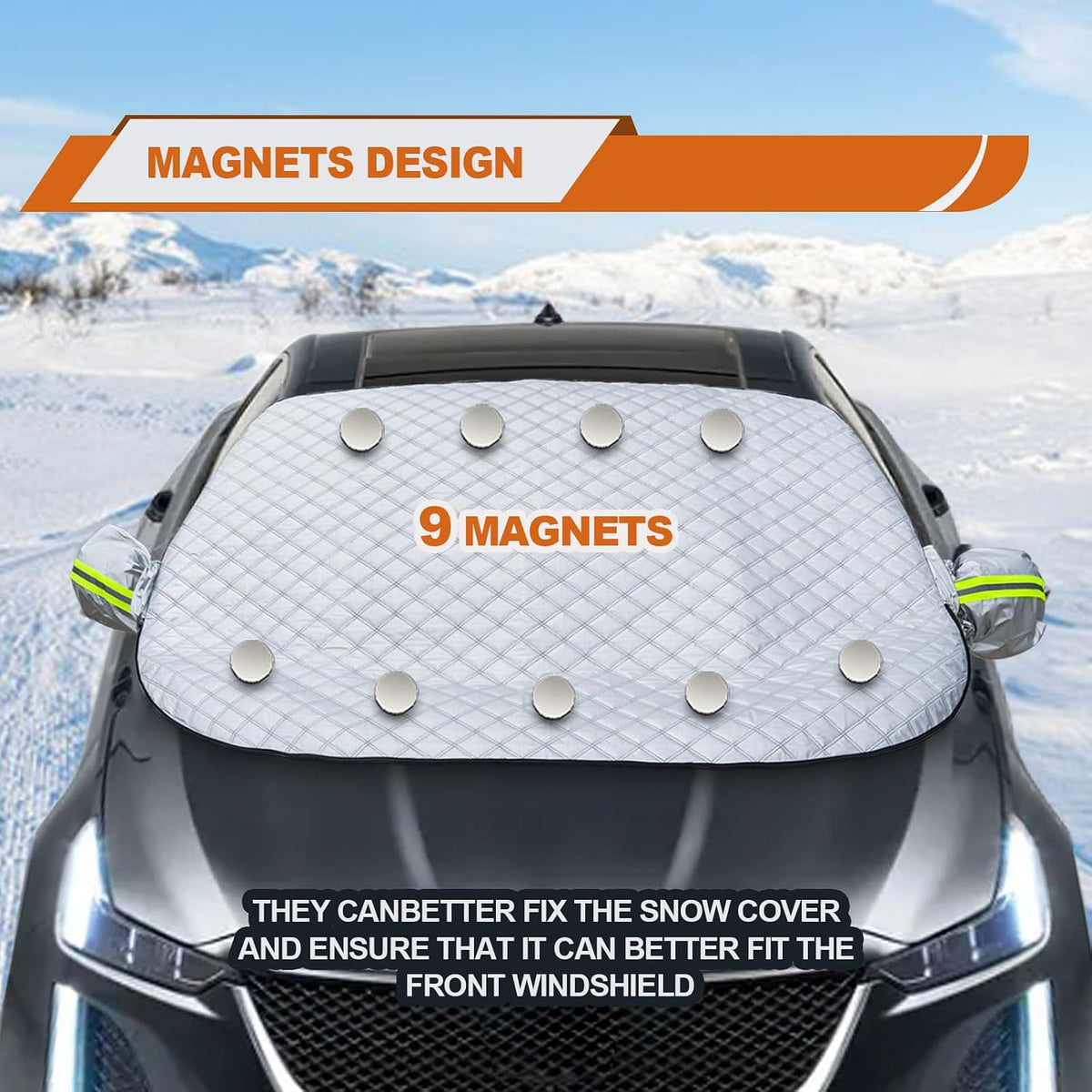 Car Windshield Snow Cover with Side Mirror and Hook, Winter Magnetic Windshield Sun Shade Foldable, Windshield Cover for Ice and Snow, Fit for Small Sedan, Compact SUV, (58"x47") Silver