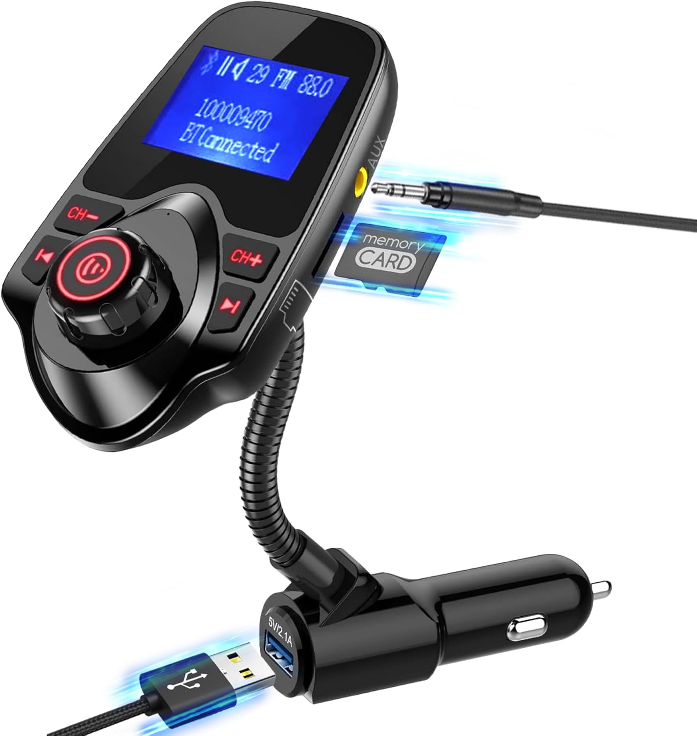 ONN FM Transmitter for Car - Bluetooth Car Adapter, Dual USB Fast Charging, Stable Bluetooth 5.0, 1.44" LCD Display, Hands-Free Calling, Flexible Gooseneck, AUX & MicroSD, 12V-24V, Black