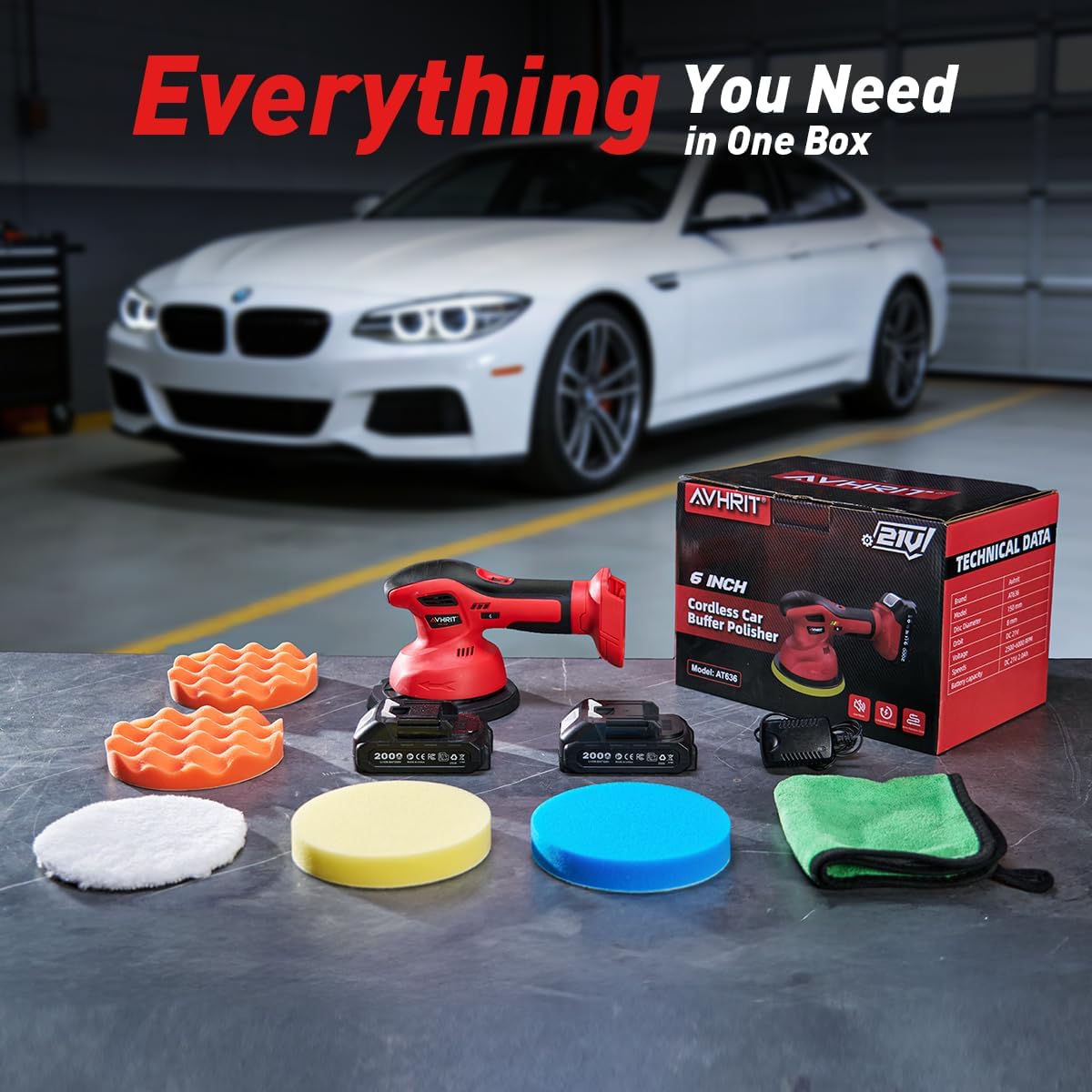 6 Inch Cordless Car Buffer Polisher kit w/ 2x2000mAh 21V Batteries
