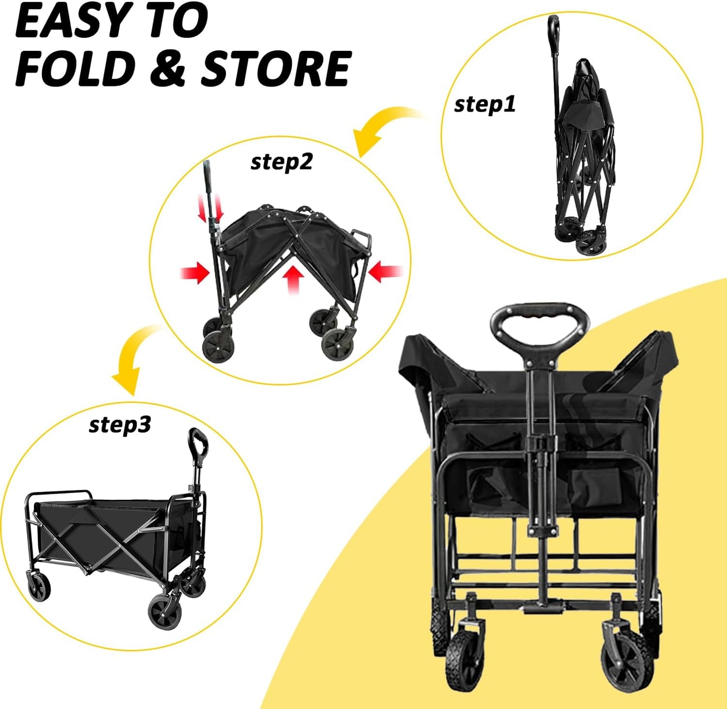 Heavy Duty Folding Wagon 320lbs Capacity, Reinforced Steel Frame Utility Cart with All-Terrain Quiet Wheels, Collapsible Outdoor Wagon for Camping, Gardening & Sports, Black