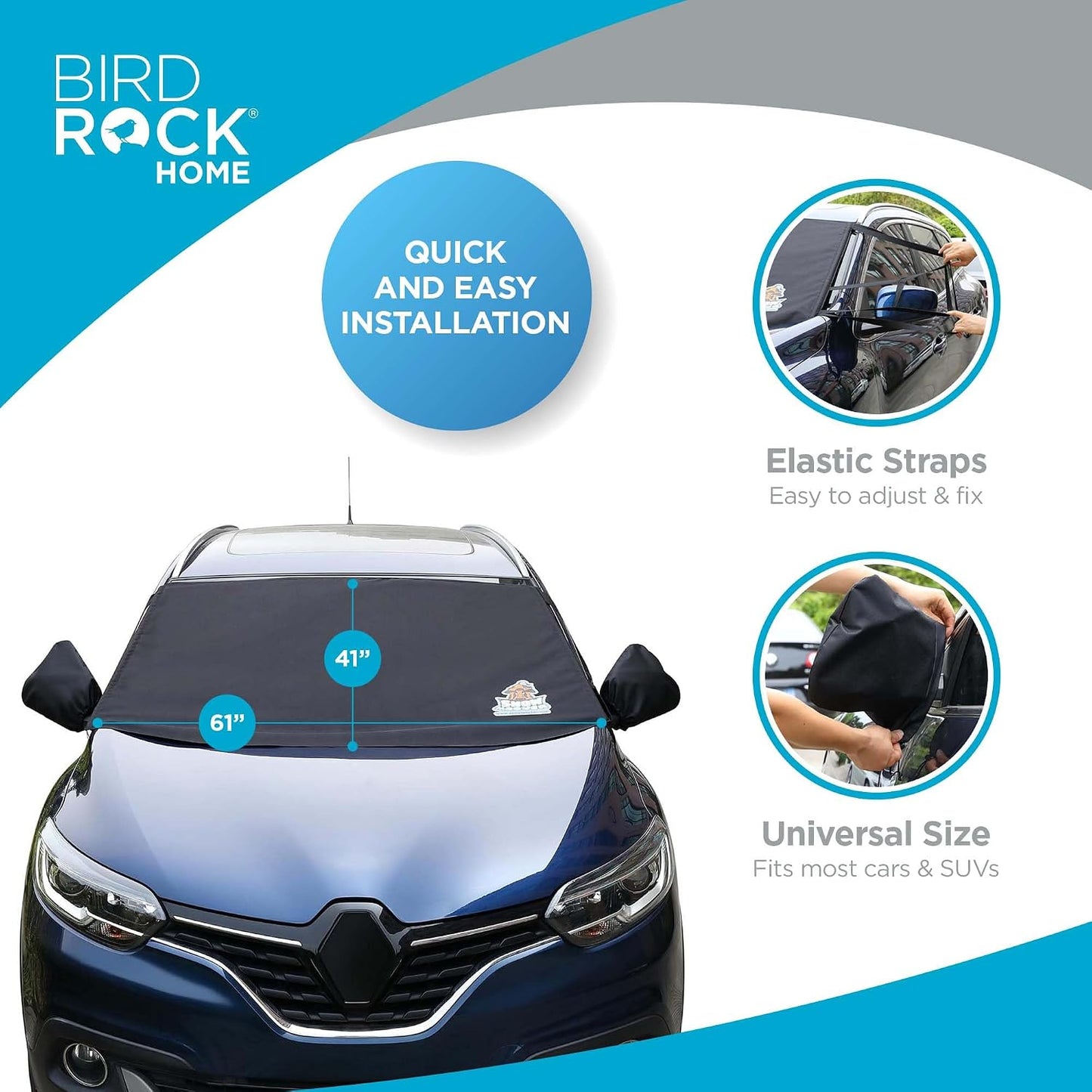 BIRDROCK HOME Car Windshield and Side Mirrors Cover for Ice and Snow | All-Weather Protection | PVC Coated Polyester | Fits Cars, SUVs, Small Trucks | Quick Install | Includes Storage Bag | 61" x 41"