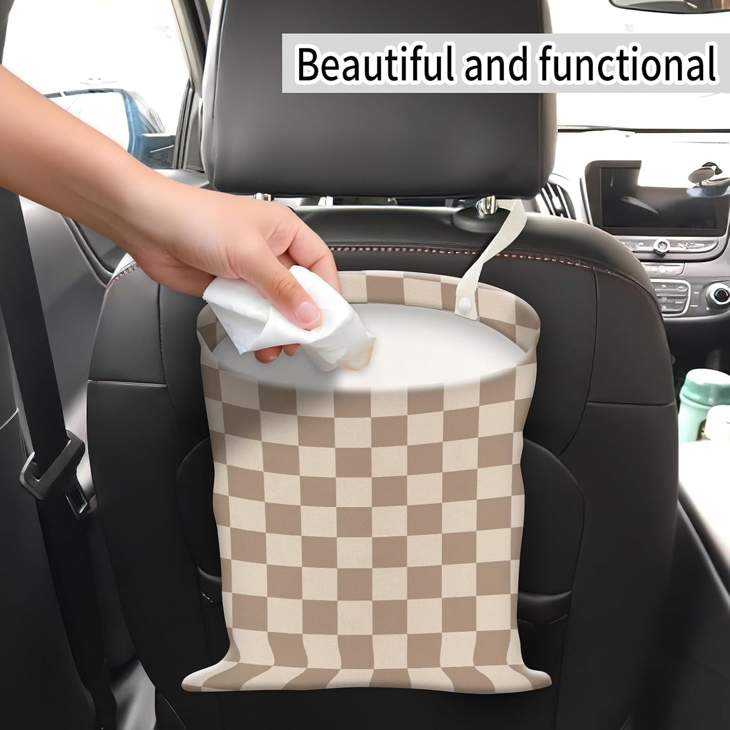 Car Trash Can, Hanging Garbage Bin for Men and Women, Cute Car Organizer and Storage Bag, Canvas Vehicle Trash Can Bag Easy-to-Install Cute Checkboard