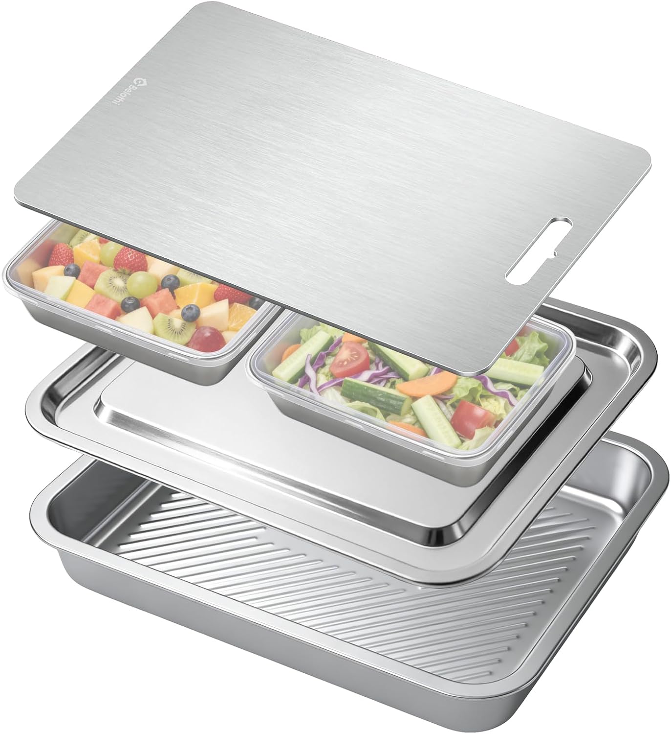 7-in-1 Stainless Steel Grill Prep Trays & Carry System, Large Lidded Marinating Containers with Cutting Board & 2 Food Storage Containers with Lids, Stackable BBQ Grill Accessories for Outdoor Cooking