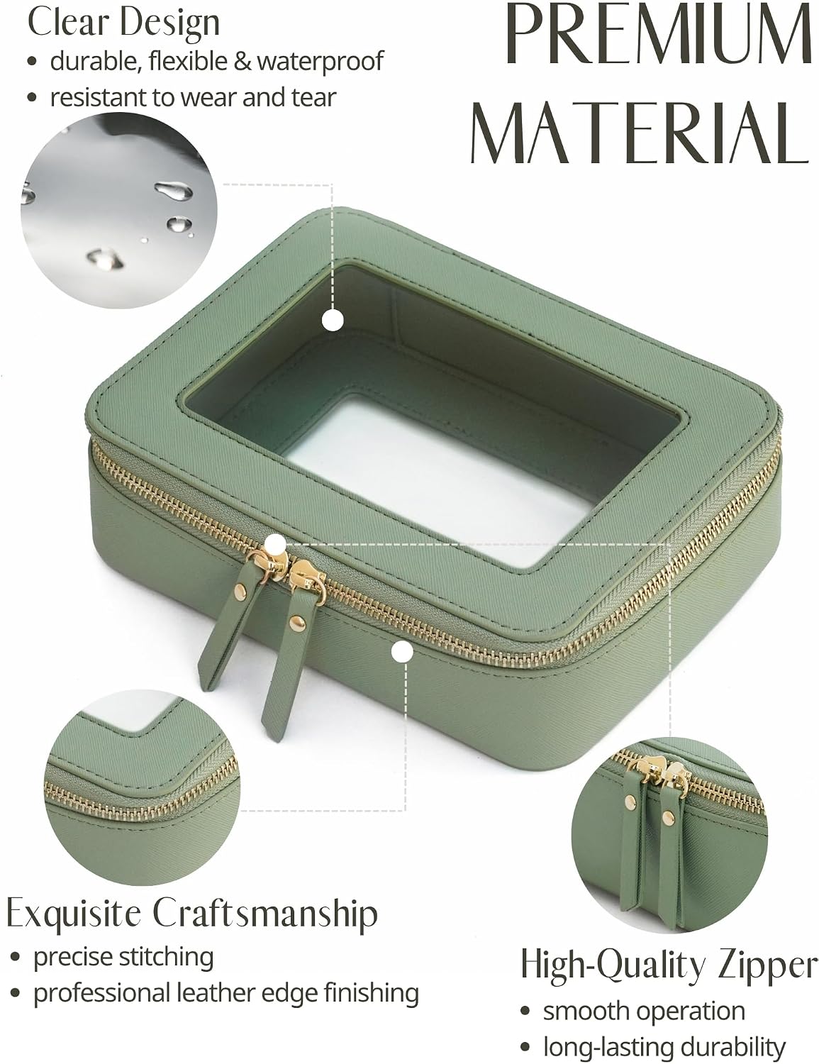 Popvibe Clear Makeup Bag with Zipper, Set of 2, Mini and Medium, Sage Green