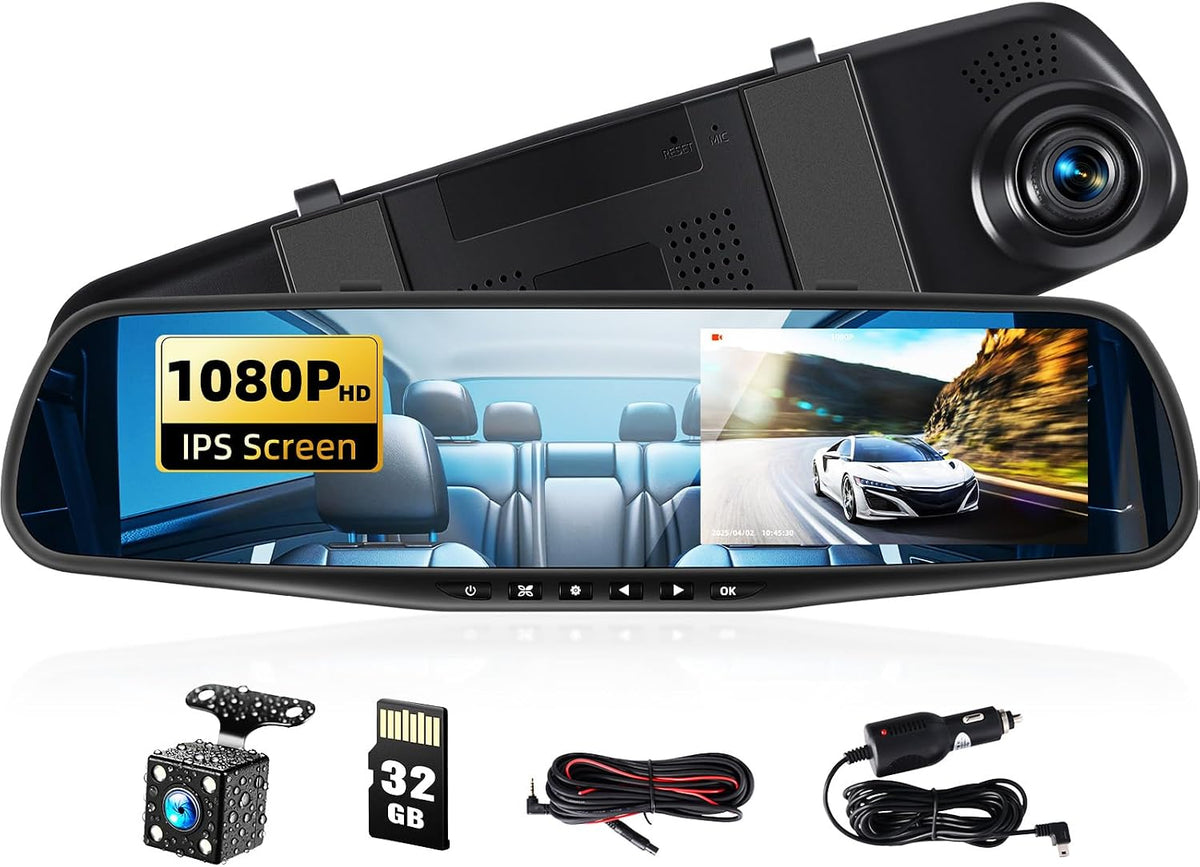 Mirror Dash Cam 4.5 Inch Rear View Mirror Camera 1080P Front and 480P Rear View Dual Cameras with 32G Card, Motion Detection, Night Vision, Parking Assistance, Loop Recording，Exposure Adjustment
