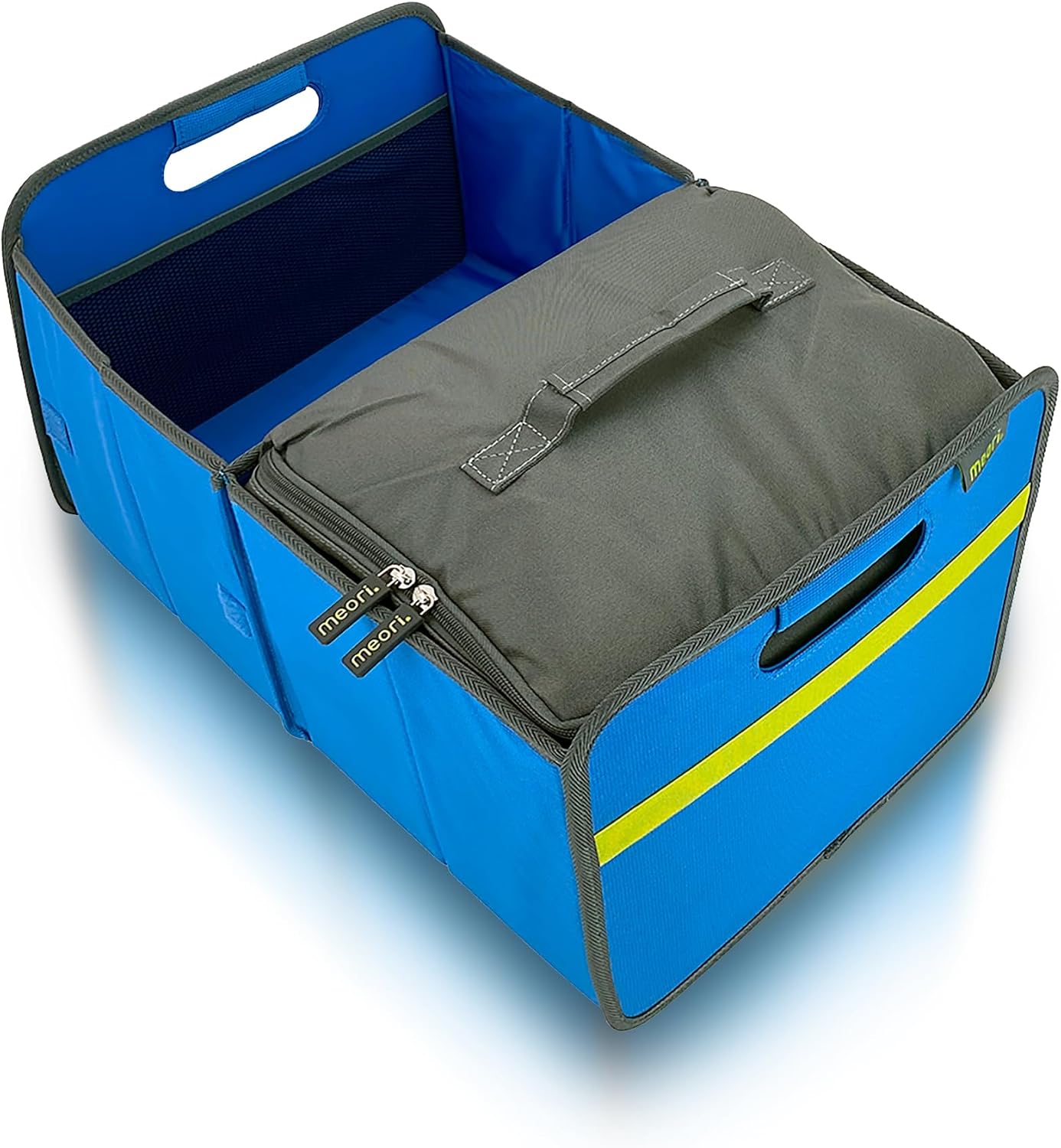 meori Collapsible Trunk Organizer for Car with Cooler for Groceries Road Trips 2 Compartments Heavy Duty Mesh Pocket Ripstop