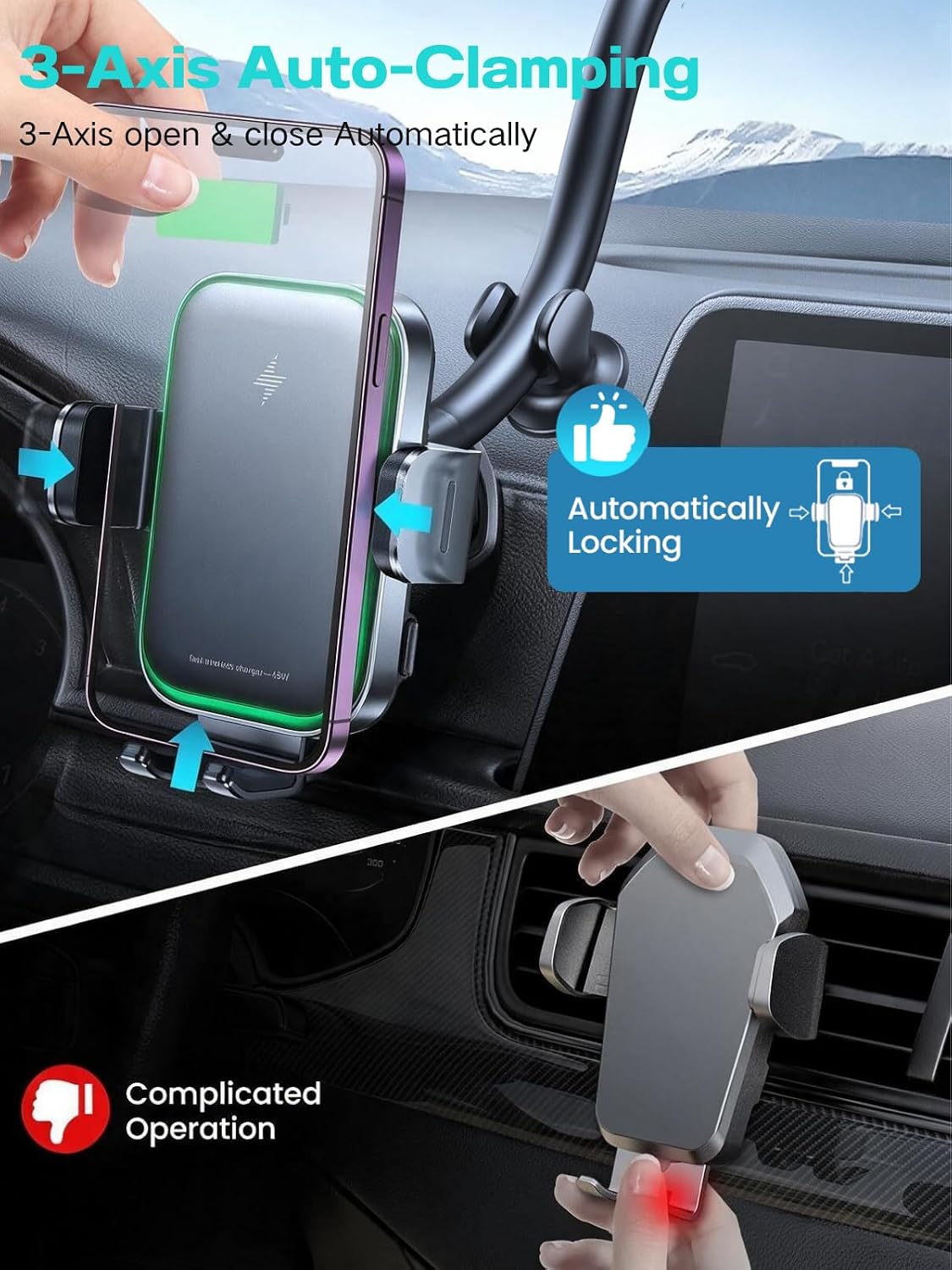 APPS2Car 15W Wireless Car Charger Phone Holder, Dual Coil, Auto Clamping