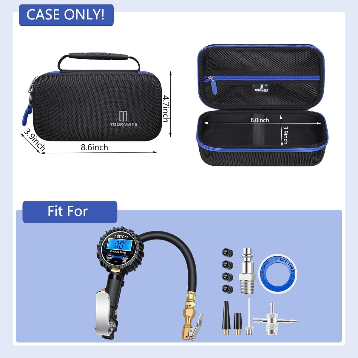 Tourmate Hard Storage Case for JACO Superior Products/TIRETEK/AetralYB/ETENWOLF/VONDIOR Tire Pressure Gauge,Travel Case for Professional Accuracy - 3-250 PSI PSI (Only Box) (Black & Blue, M)