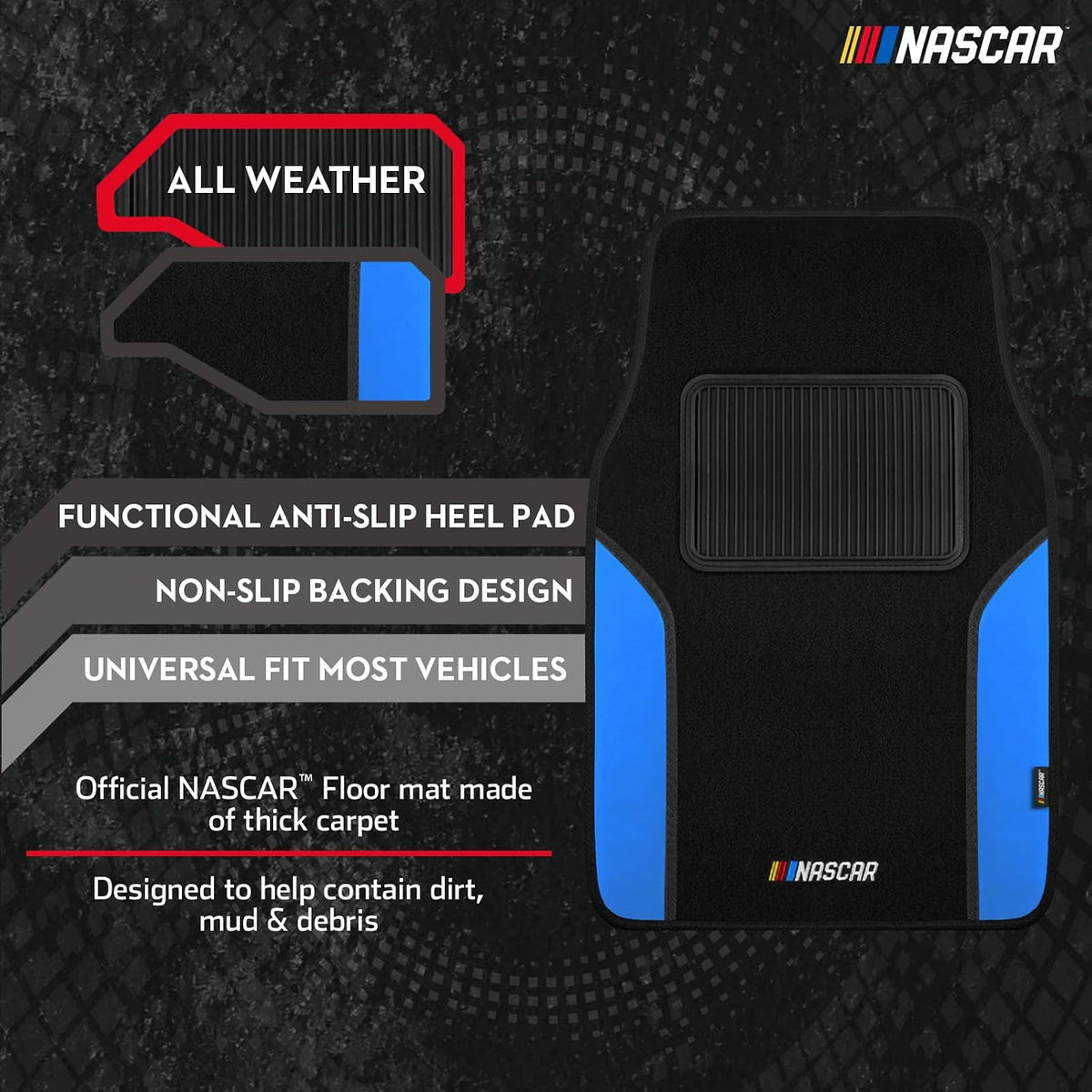 NASCAR Car Floor Mats, Carpet & Blue Leather Design Car Mats, Universal-Fit All-Weather Car Floor Mats with Built-in Heel Pad & Anti-Slip Backing, Durable Odorless Automotive Interior Accessories