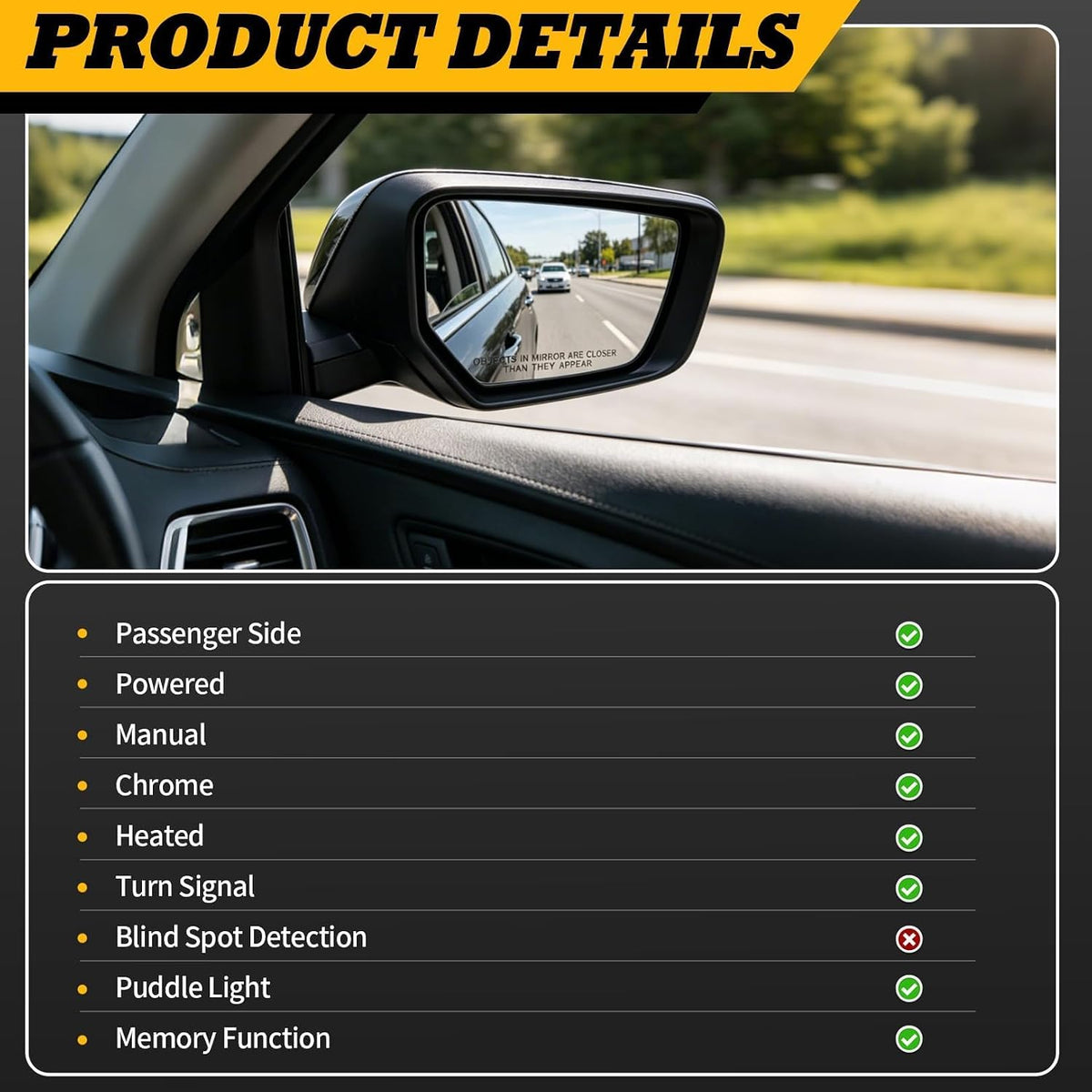Right Mirror Assembly Compatible with Impala 2014-2020 12 Pins