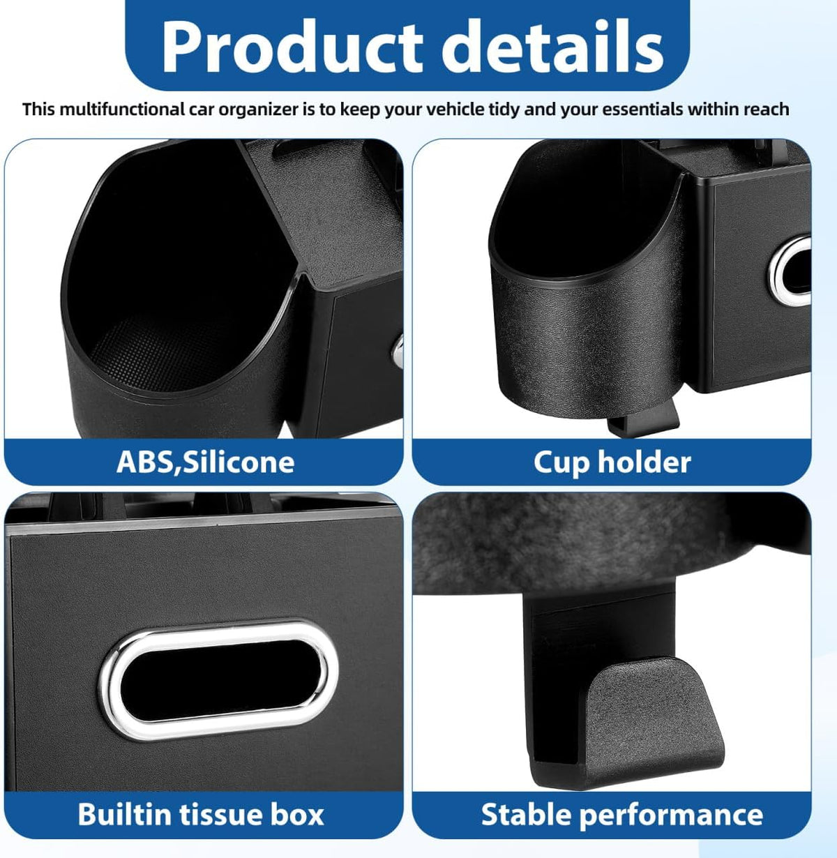 Ciieeo 4 in 1 Backseat Car Organizer with Cup Holder Tissue Box and Hooks Multifunctional Seat Back Storage Box for Road Trip Travel Accessories Universal Auto Headrest Holder