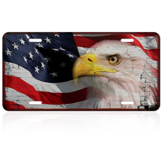 Decorative American Flag Front License Plate with Eagle Novelty Car Sign, 6x12 Inches, Rust Free .040 Aluminum, Fade Resistant, Made in USA
