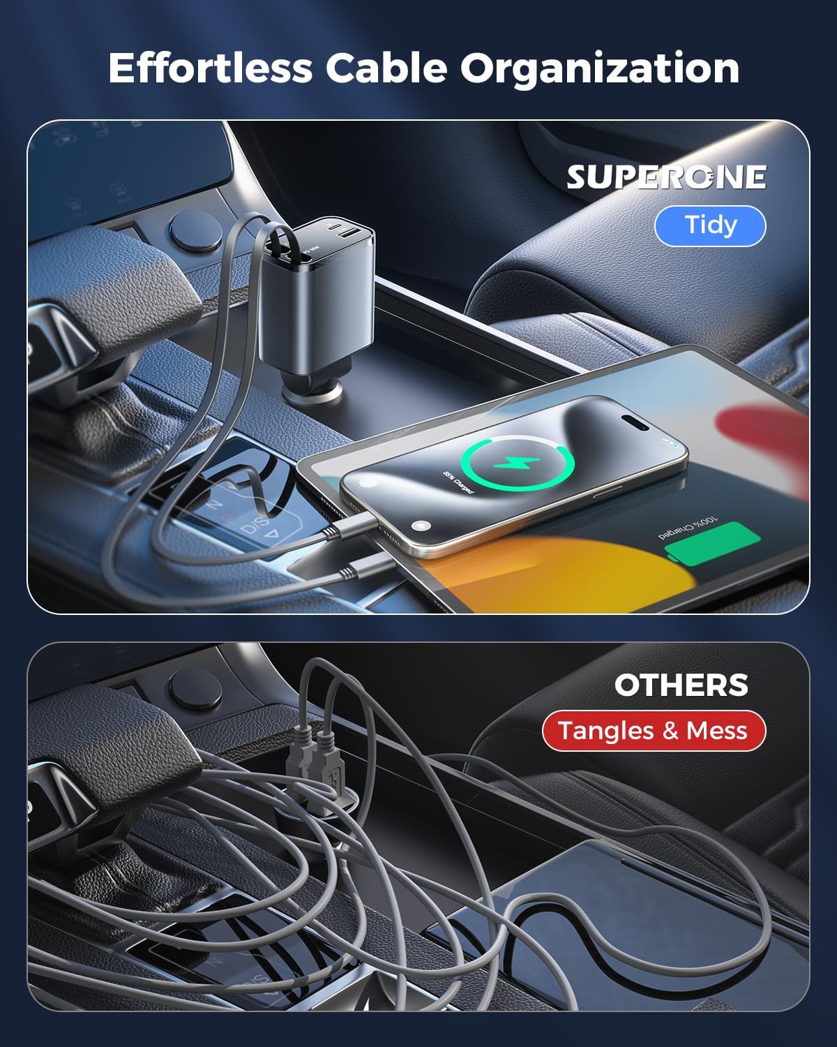 SUPERONE Retractable Car Charger, USB C Car Charger with Dual Type C Cords
