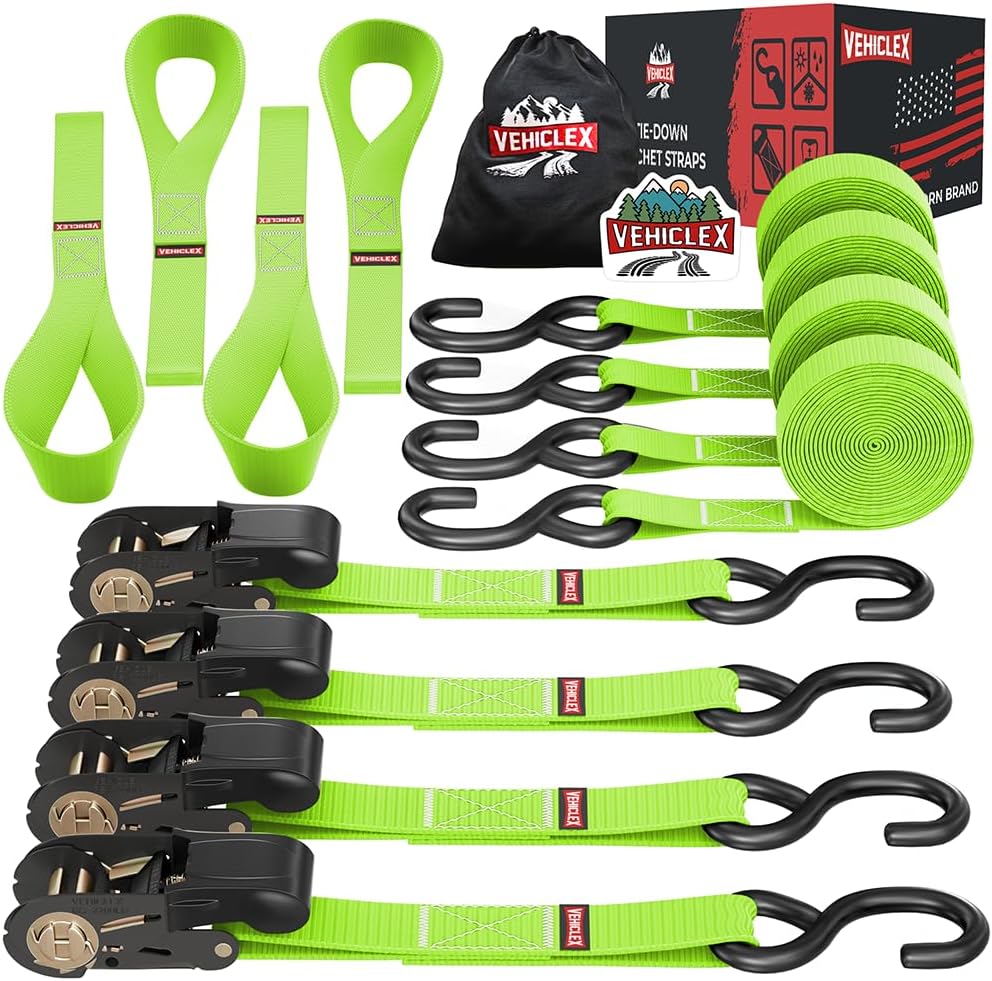 Ratchet Tie Down Straps (1,800 lbs Break Strength) - Vehiclex 15 Ft Versatile Straps for Powersports, Garage, and Outdoor Use - Soft Loops, Deep S-Hooks & Comfort Grip Handle (4 Pack, Green)