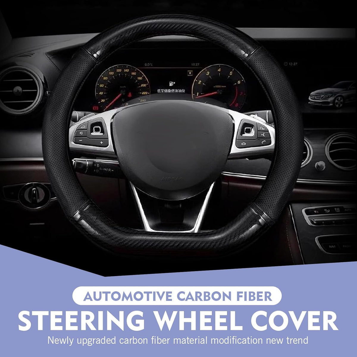 D-Shaped Steering Wheel Cover – Carbon Fiber Pattern, Anti-Slip, Wear-Resistant, Sweat-sbsorbent Microfiber Leather Protector, Four Seasons Universal Fit (Black)