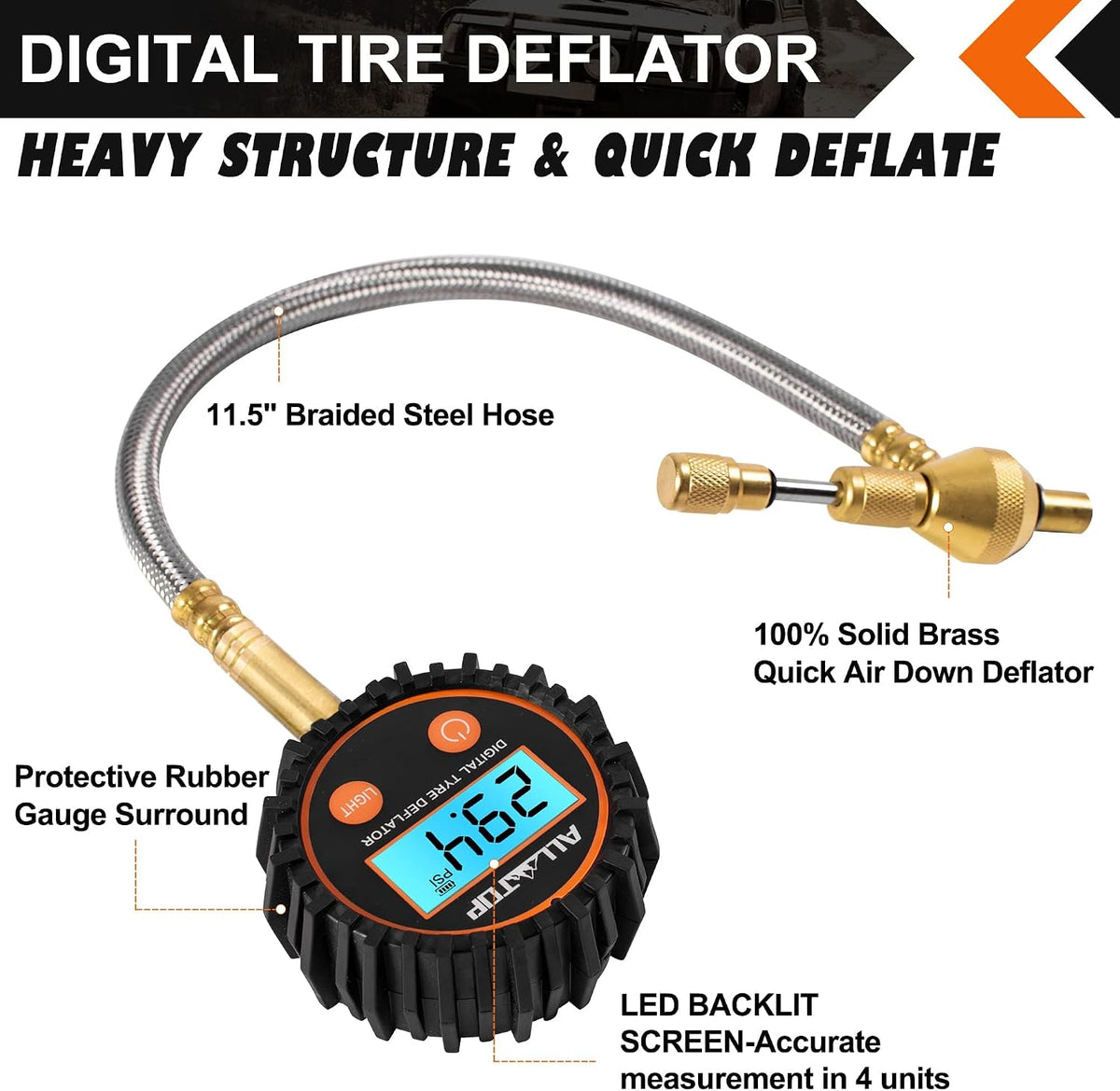 ALL-TOP 4x4 Digital Tire Deflator kit, Professional Tire Pressure Gauge, Air Down Master, Rapid Tire Deflator (250 PSI)