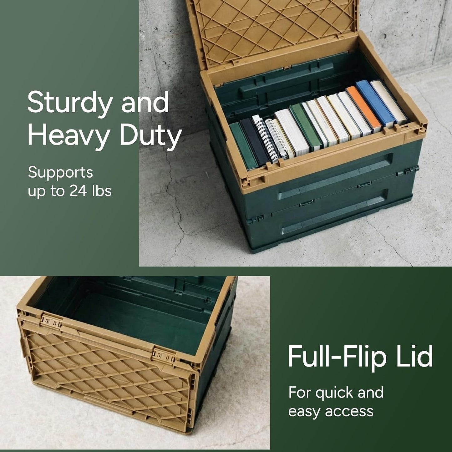 Collapsible Storage Box with Lid – Foldable Plastic Crate Organizer, Stackable Space-Saving Container for Home, Kitchen, Closet, Car & Camping | Vintage Retro Design