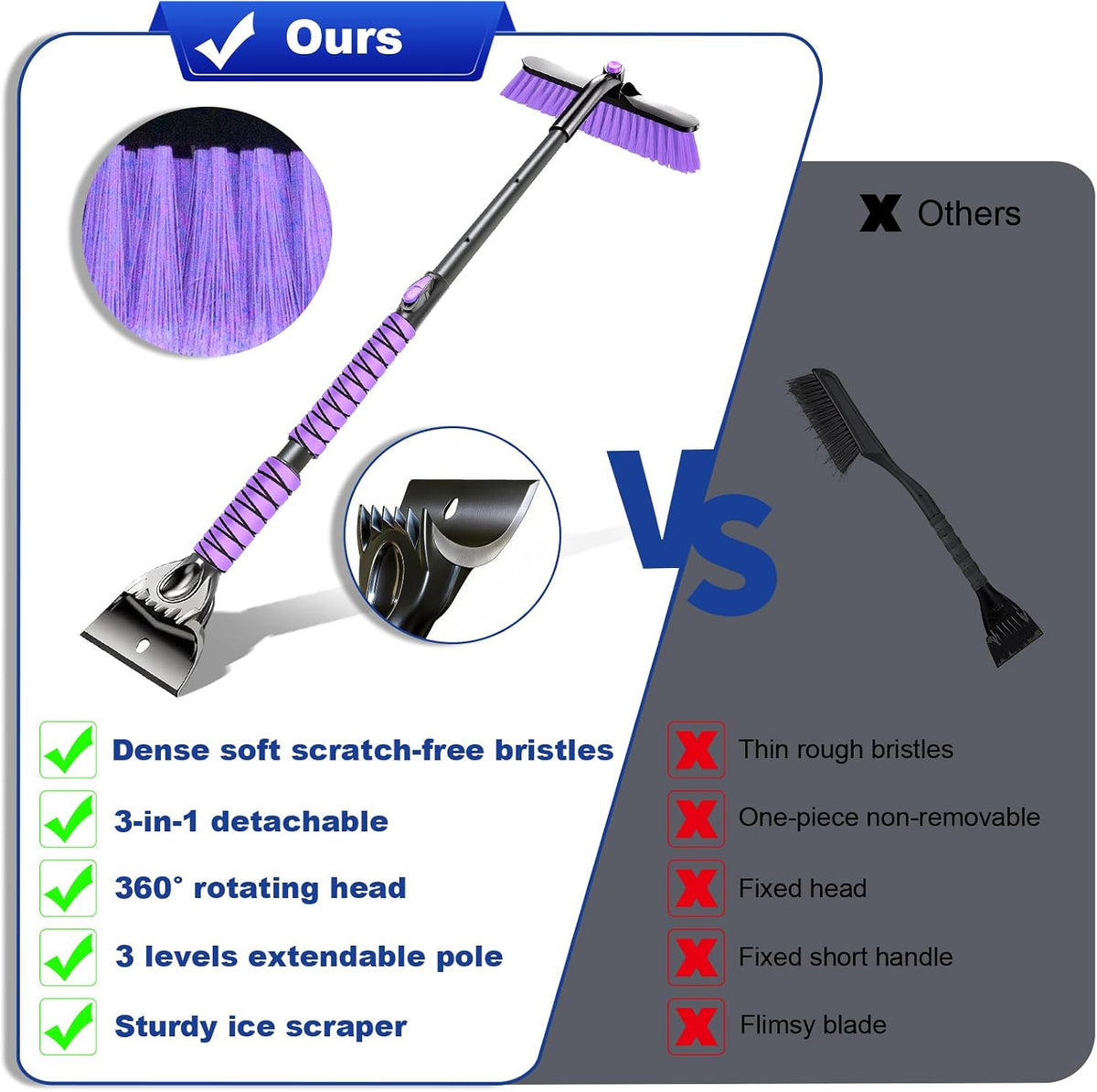 44 Inch Snow Brush with Ice Scraper for Car Windshield, Light Purple